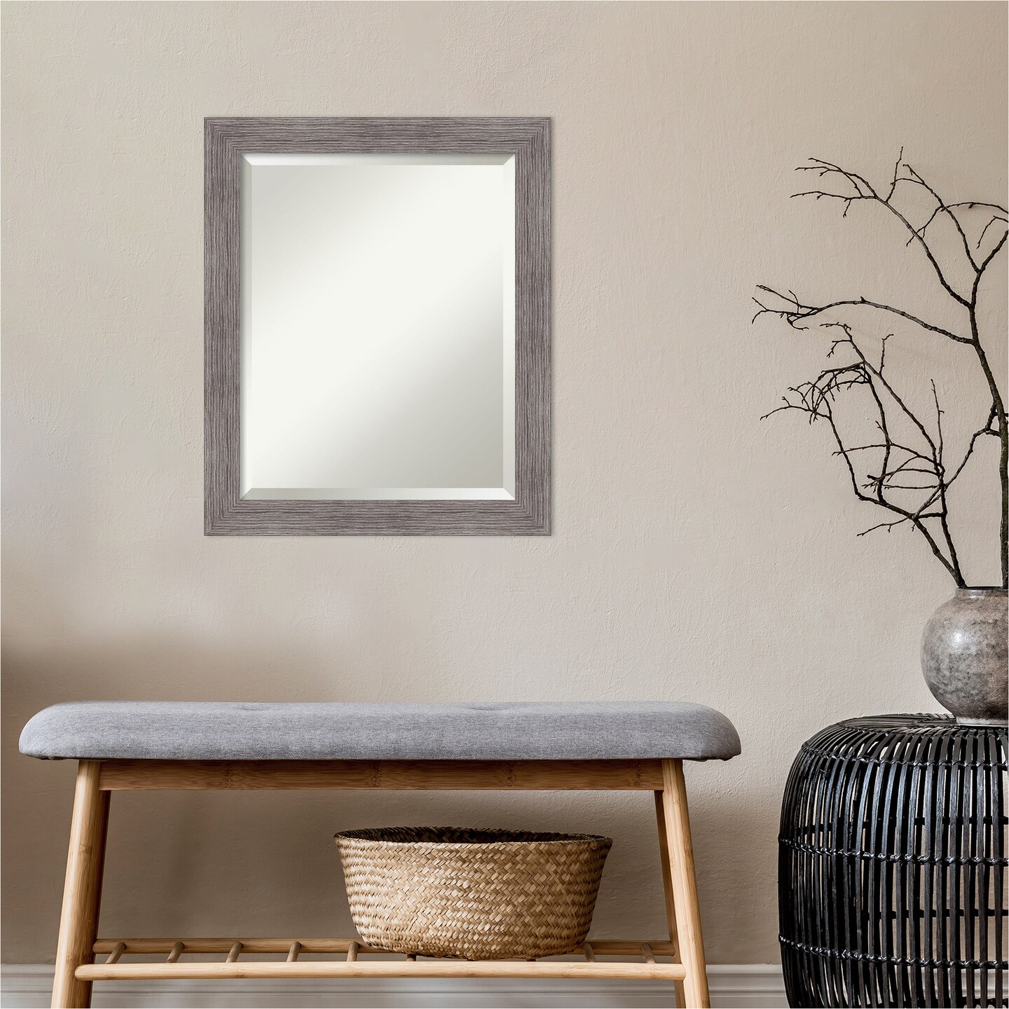 Beveled Bathroom Wall Mirror, Pinstripe Plank Grey Narrow Frame