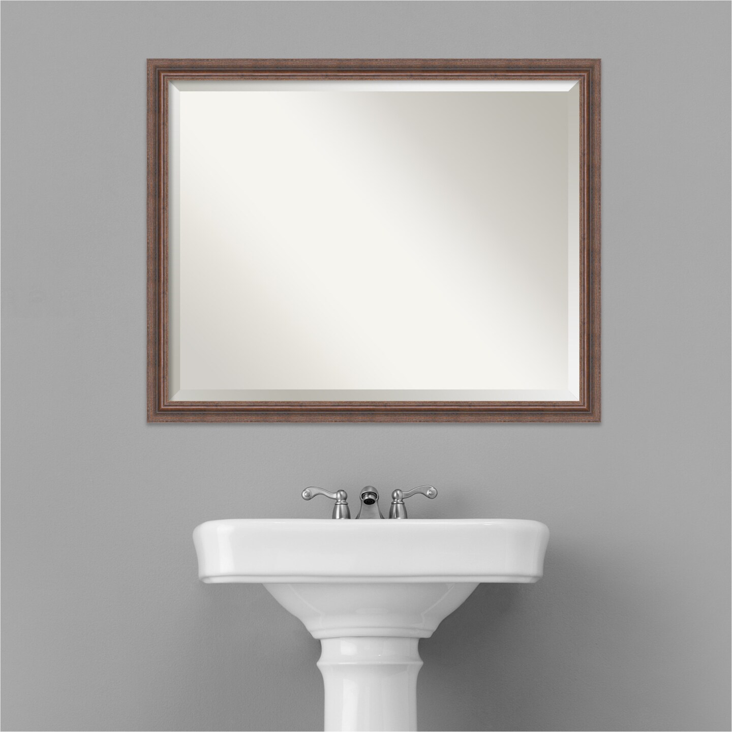 Beveled Wood Bathroom Wall Mirror, Distressed Rustic Brown Frame