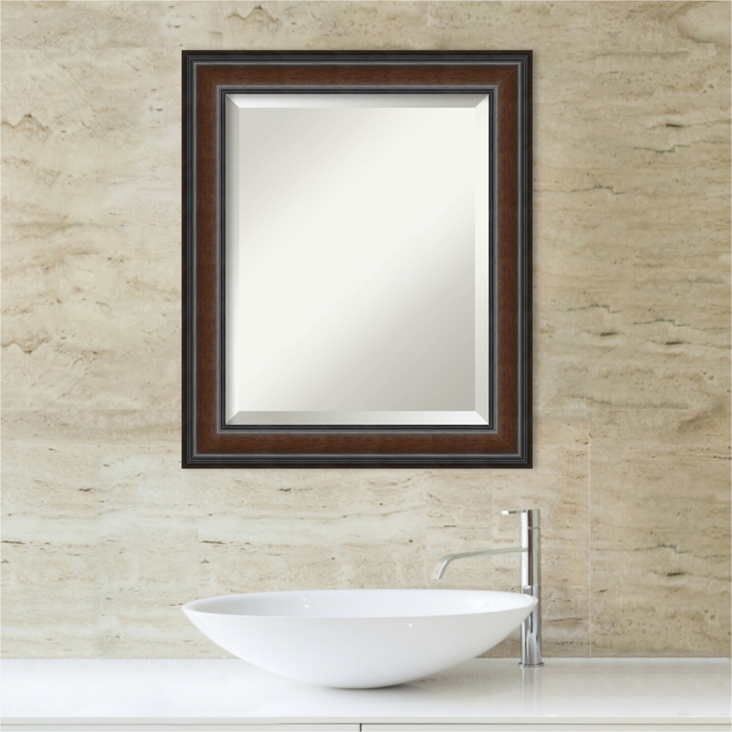 Beveled Wood Bathroom Wall Mirror, Cyprus Walnut Narrow Frame
