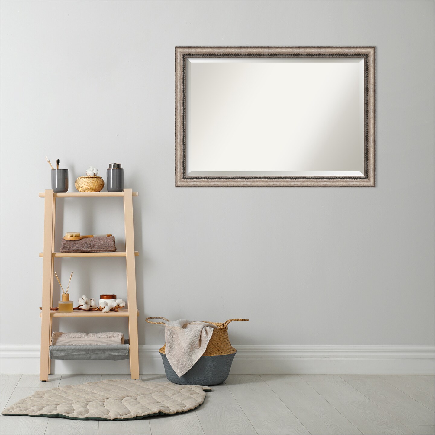 Beveled Bathroom Wall Mirror, Lyla Ornate Silver Frame