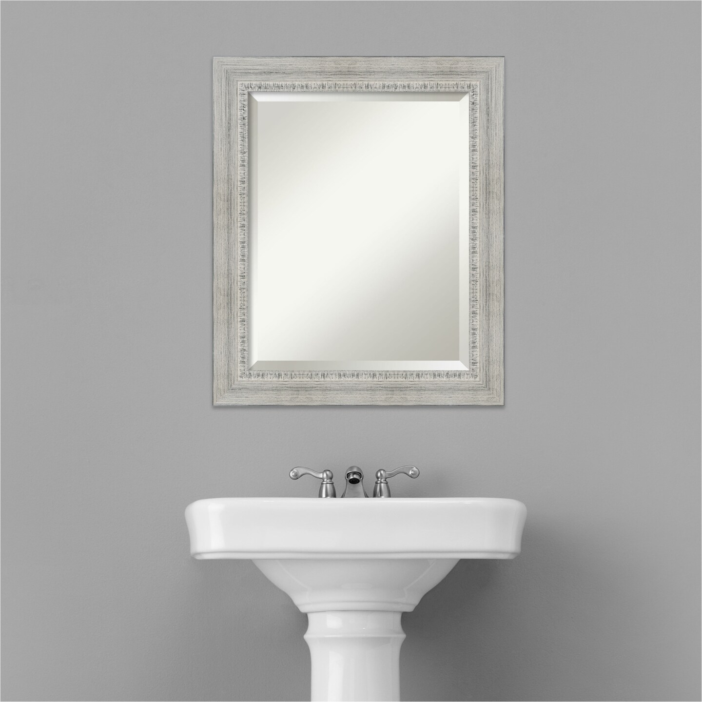 Beveled Wood Bathroom Wall Mirror, Rustic White Wash Frame