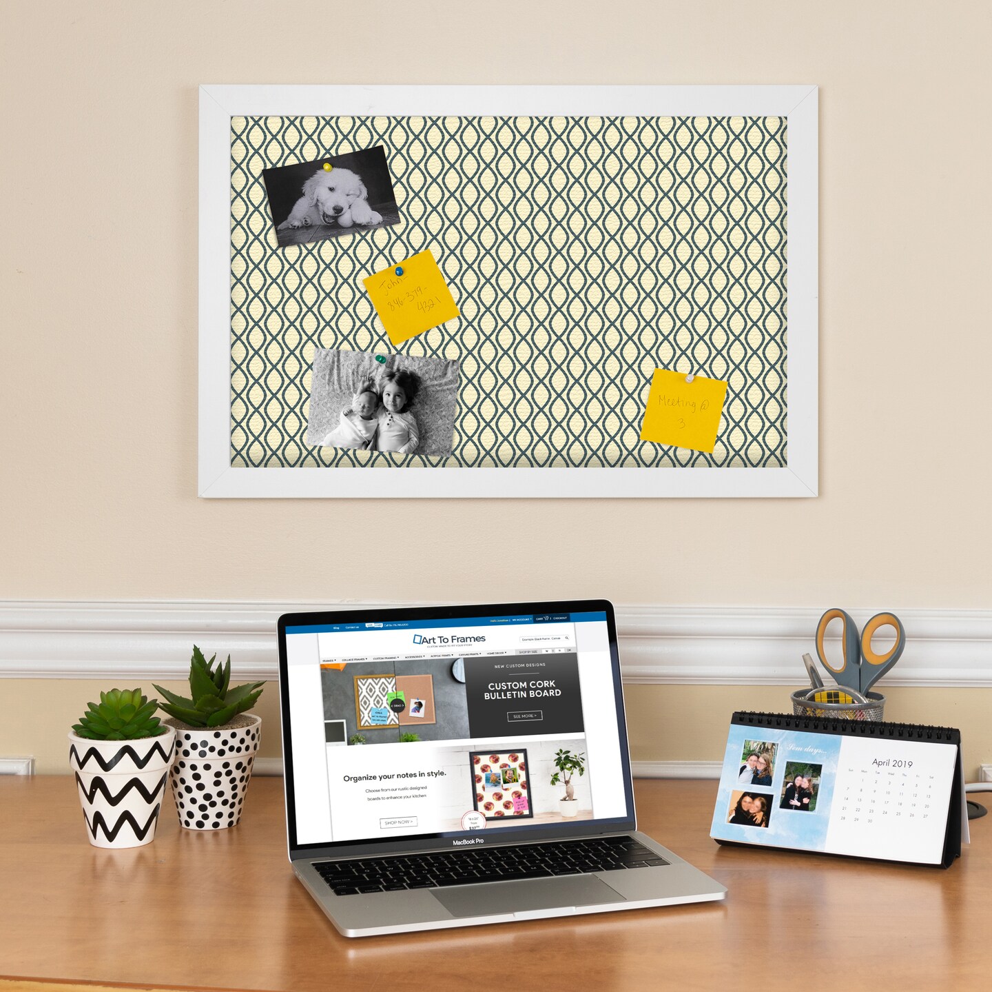 PinPix Custom Bulletin Board Yellow And Blue Waves Poster Board Has a Fabric Style Canvas Finish, Framed in Satin White Frame, by ArtToFrames (PinPix-321)