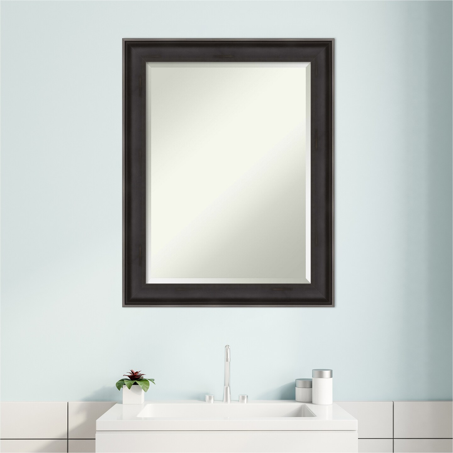 Beveled Wood Bathroom Wall Mirror, Allure Charcoal Frame