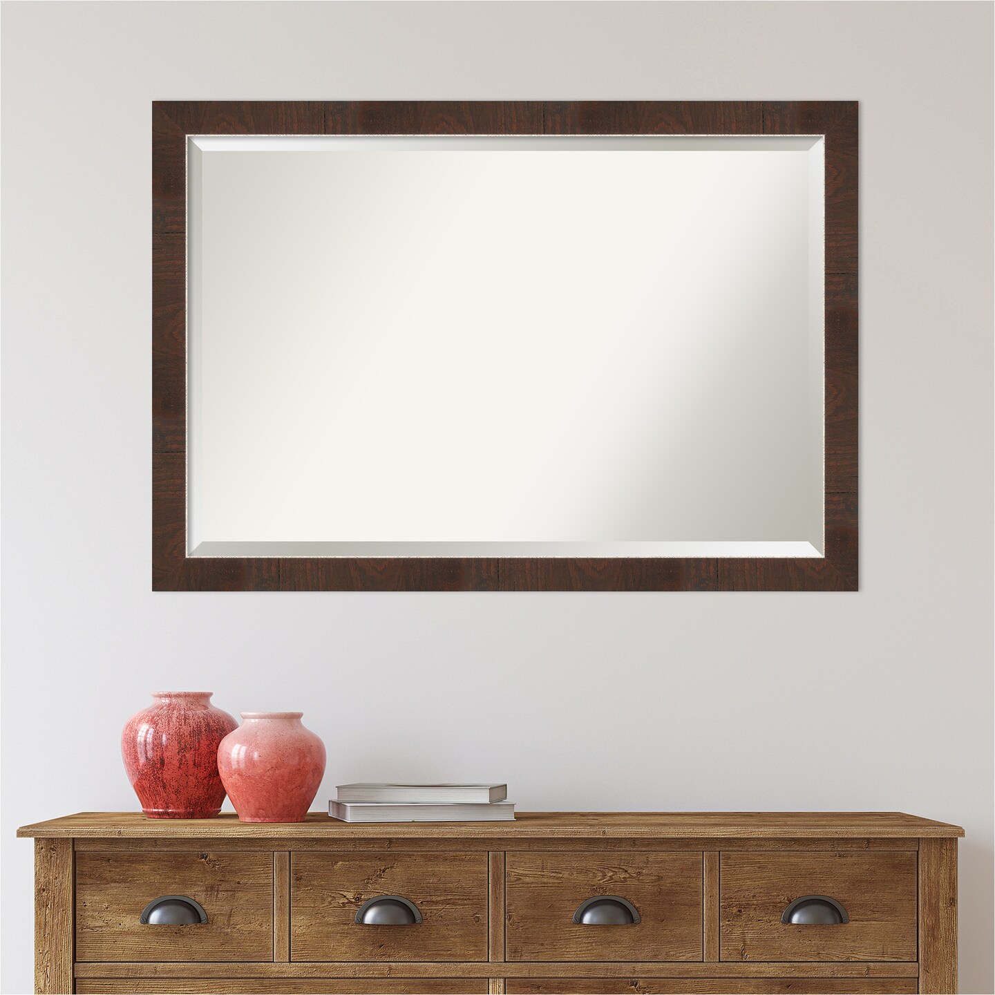 Beveled Bathroom Wall Mirror, Wildwood Brown Narrow Frame