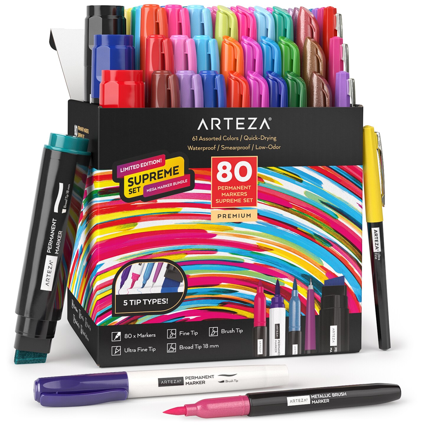Arteza Ultimate Permanent Marker Set, Assorted Nibs 80 Pack