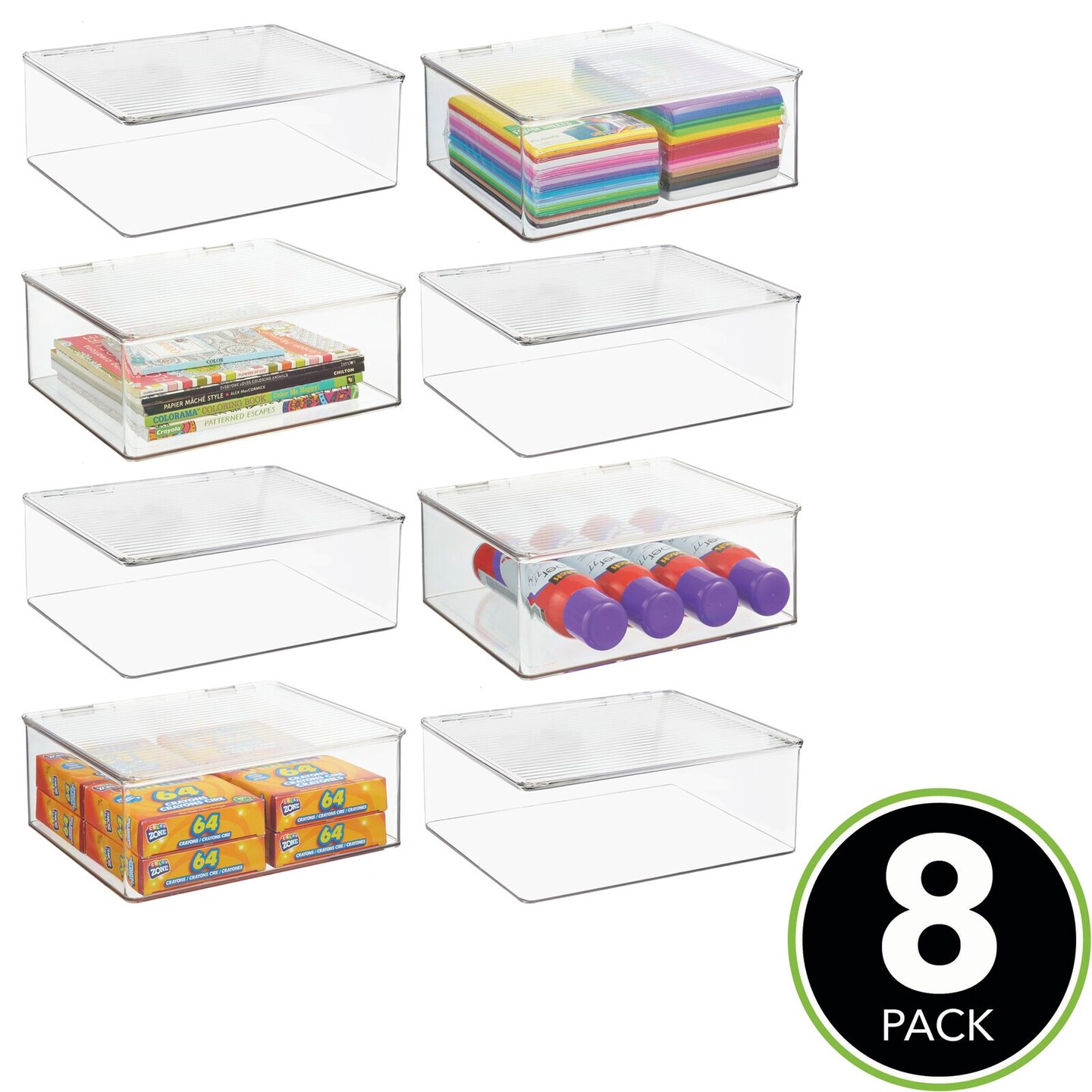mDesign Plastic Craft Room Stackable Storage Box with Hinge Lid, 8 Pack, Clear