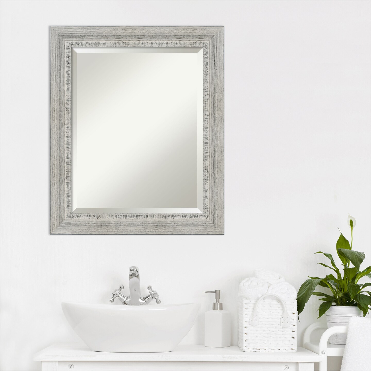 Beveled Wood Bathroom Wall Mirror, Rustic White Wash Frame