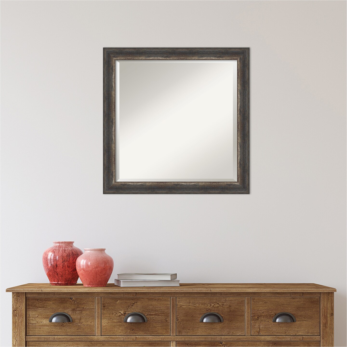 Beveled Bathroom Wall Mirror, Bark Rustic Char Narrow Frame