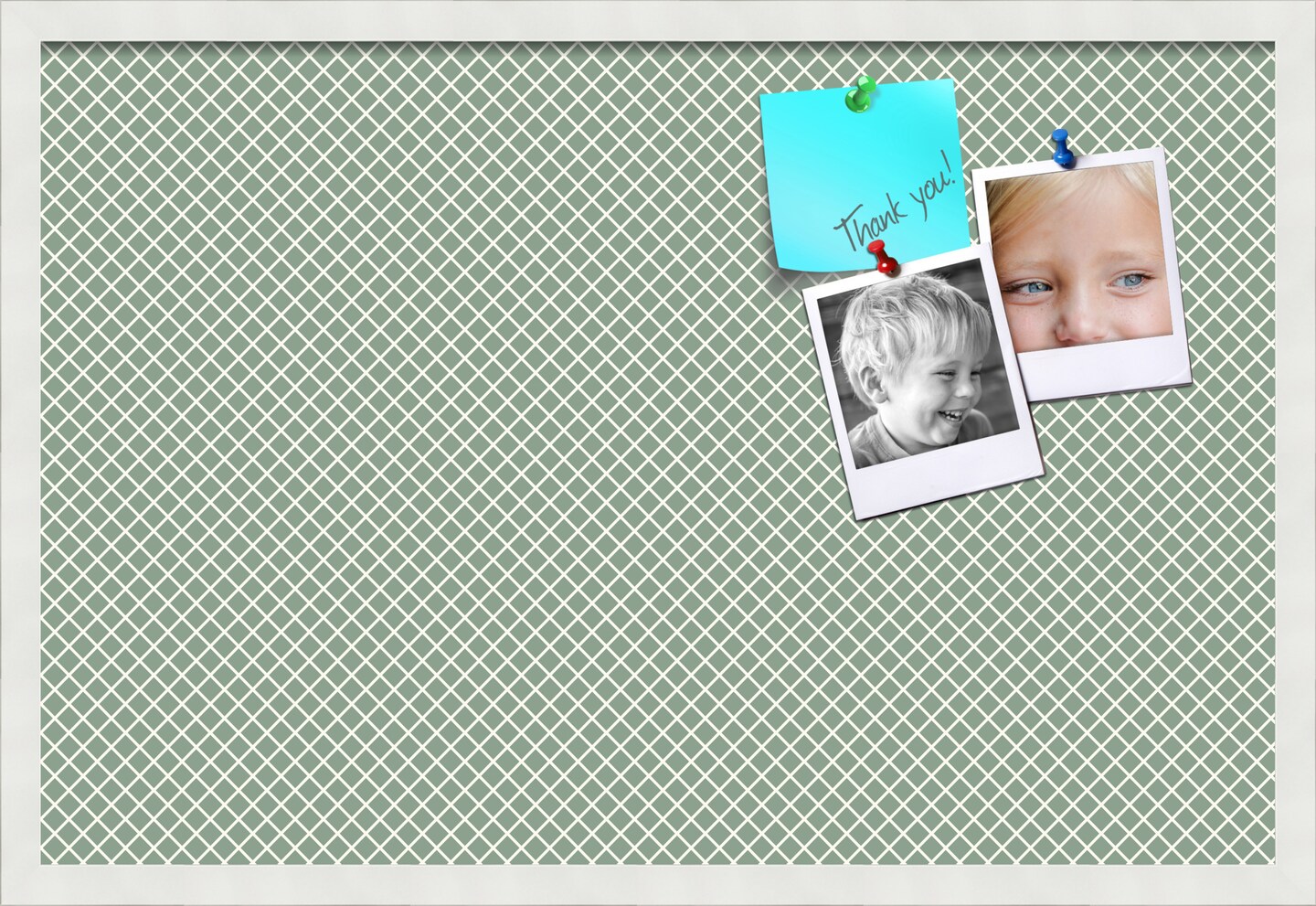 PinPix Custom Bulletin Board Nile Green Diamond Poster Board Has a Fabric Style Canvas Finish, Framed in Satin White Frame, by ArtToFrames (PinPix-380)