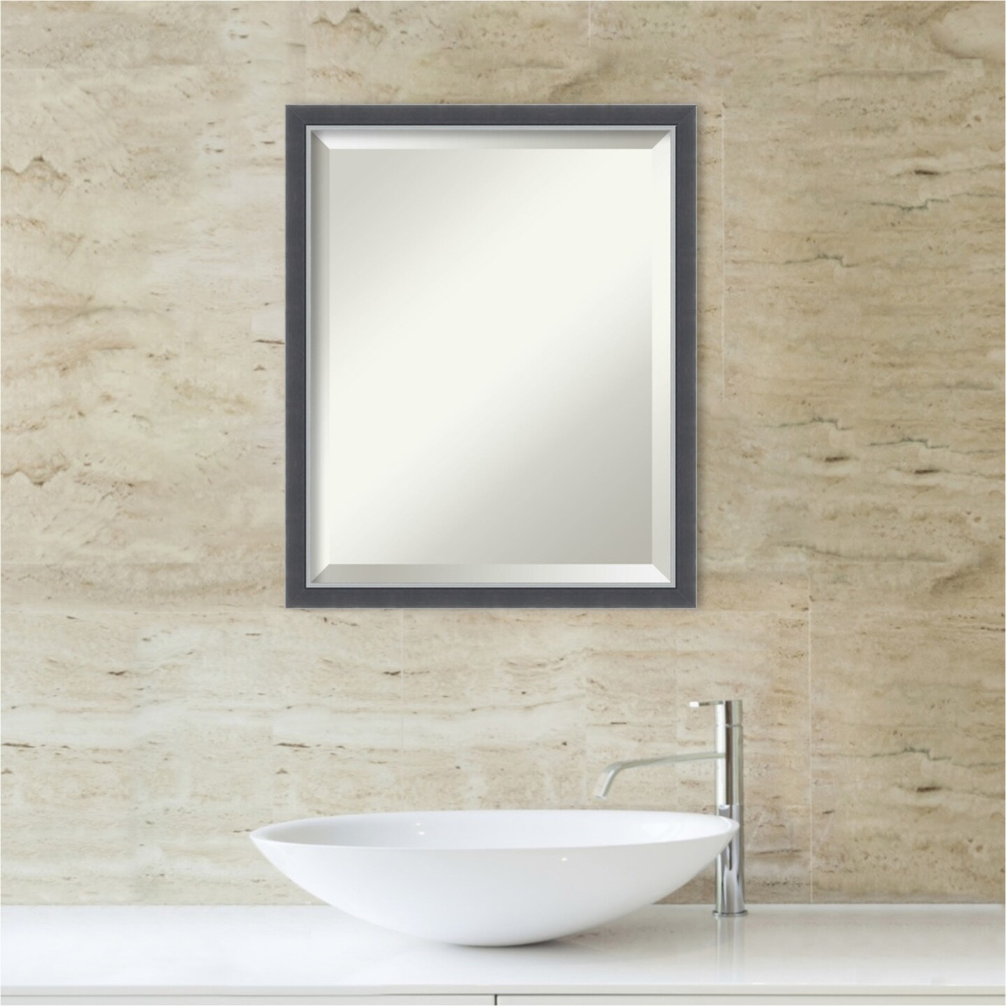 Beveled Bathroom Wall Mirror, Eva Black Silver Thin Frame