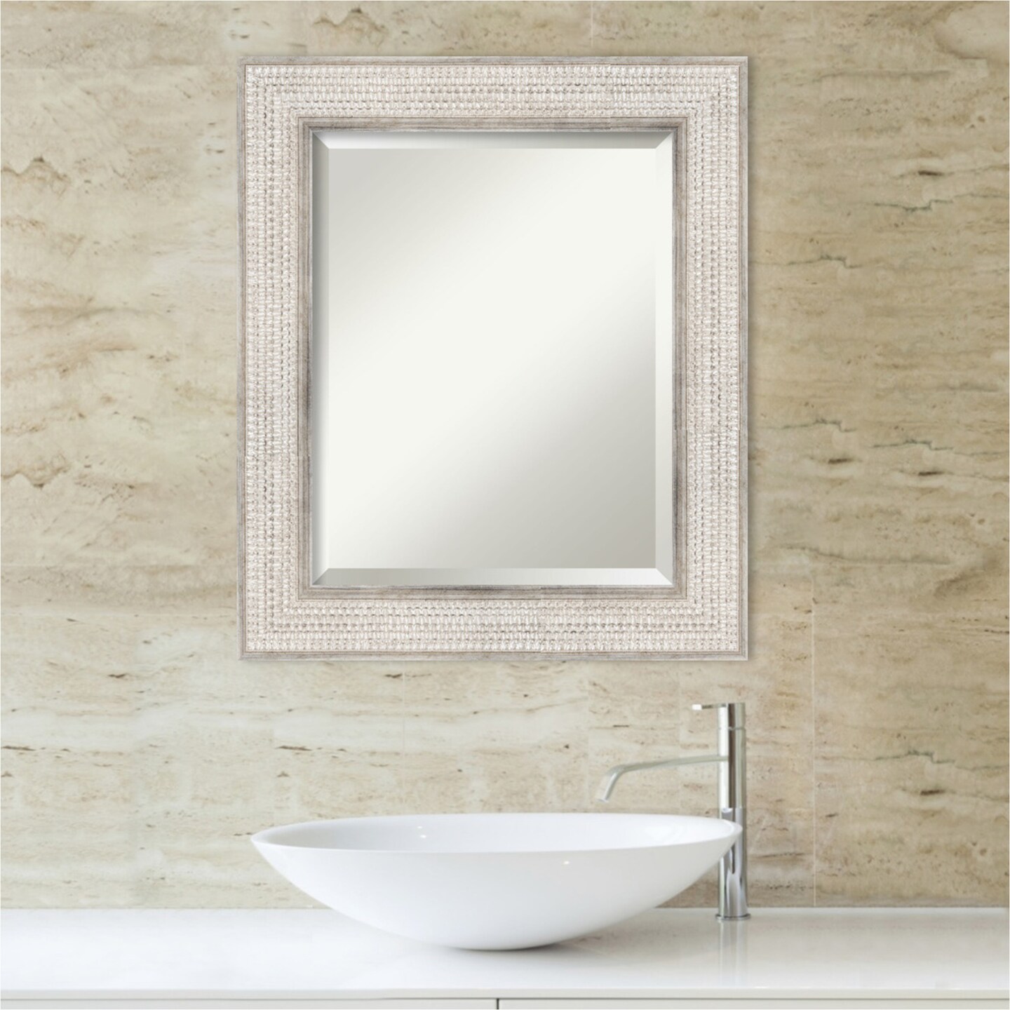 Beveled Wood Bathroom Wall Mirror, Trellis Silver Frame