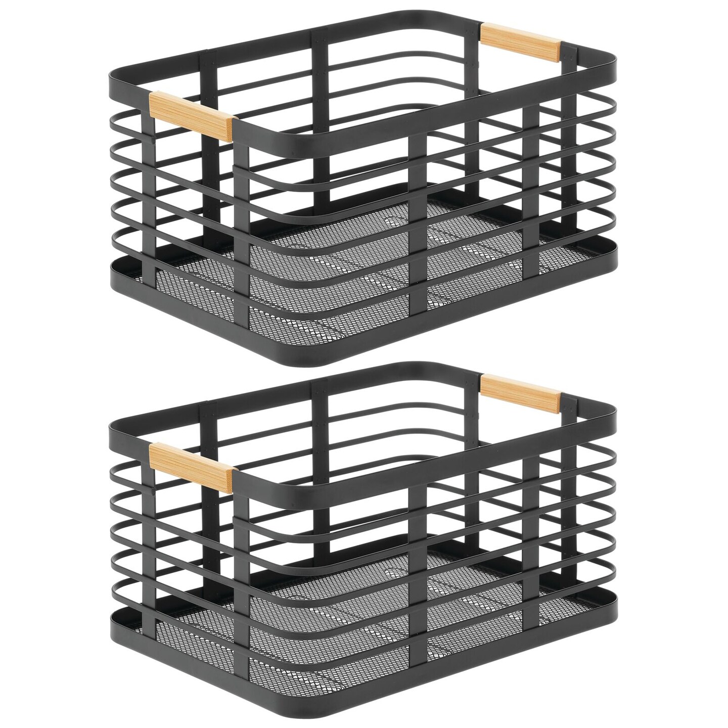 mDesign Metal Wire Rustic Large Food Storage Bin Basket - 2 Pack - Black/Natural