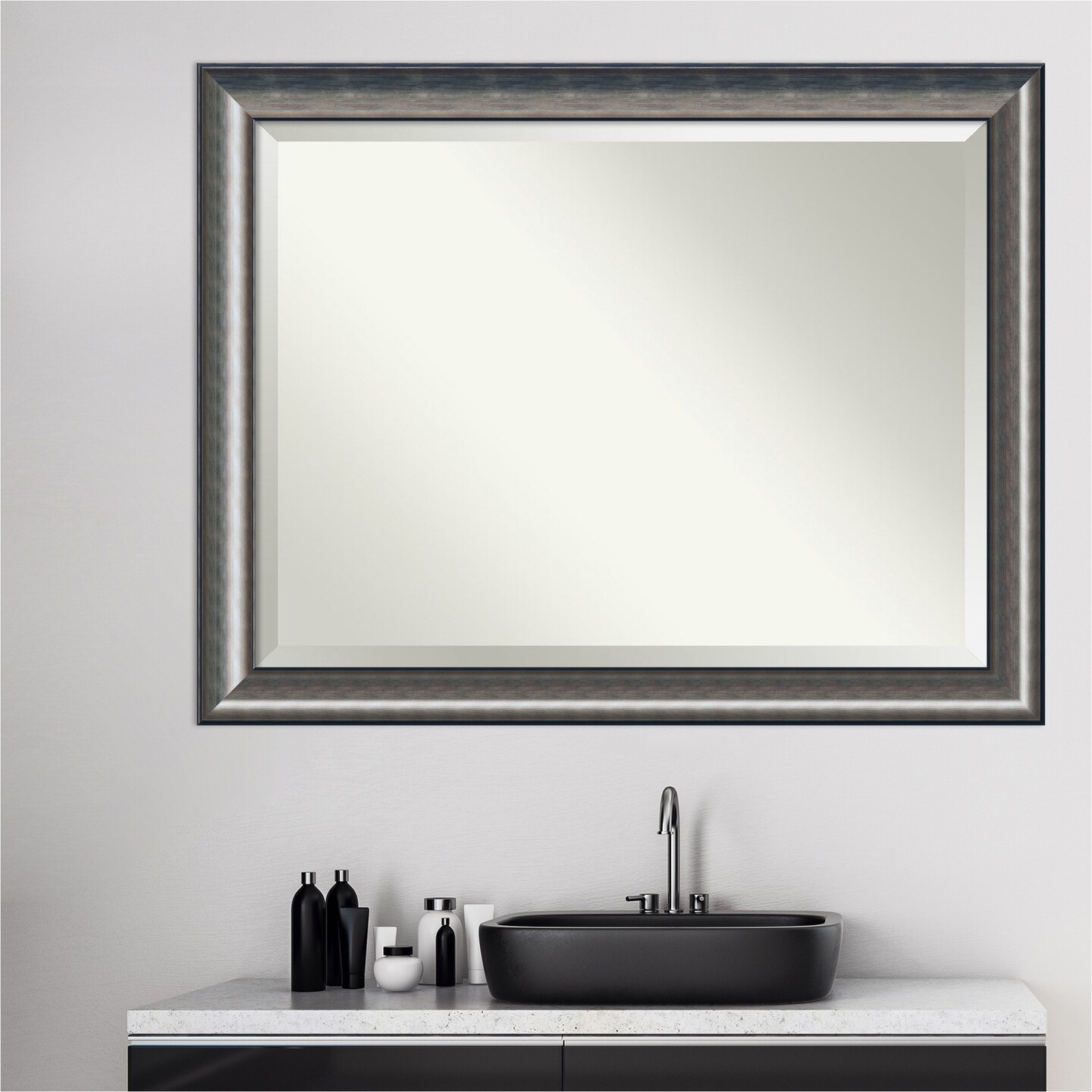 Beveled Wood Bathroom Wall Mirror, Quicksilver Scoop Frame