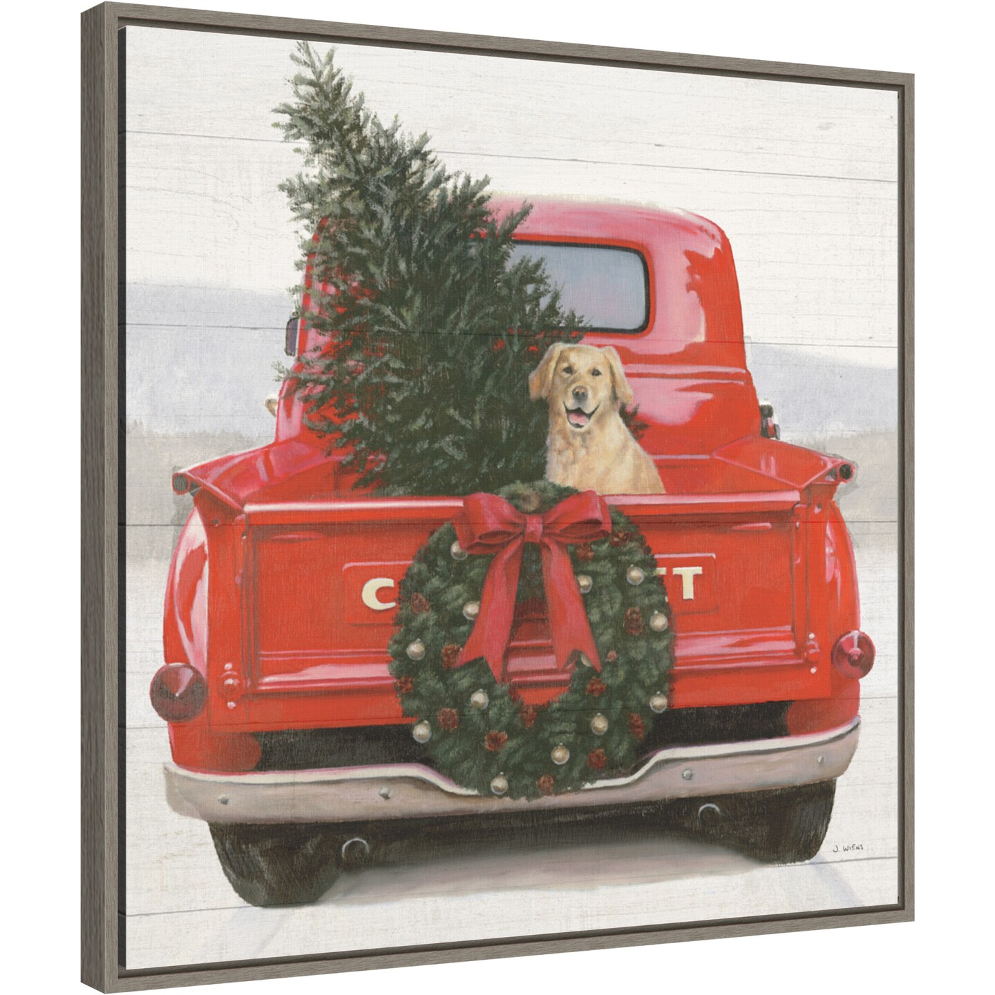 Christmas in the Heartland IV Dog by James Wiens 22-in. W x 22-in. H. Canvas Wall Art Print Framed in Grey