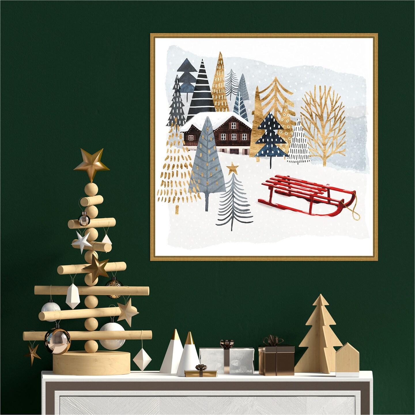 Christmas Chalet II by Victoria Borges 22-in. W x 22-in. H. Canvas Wall Art Print Framed in Gold