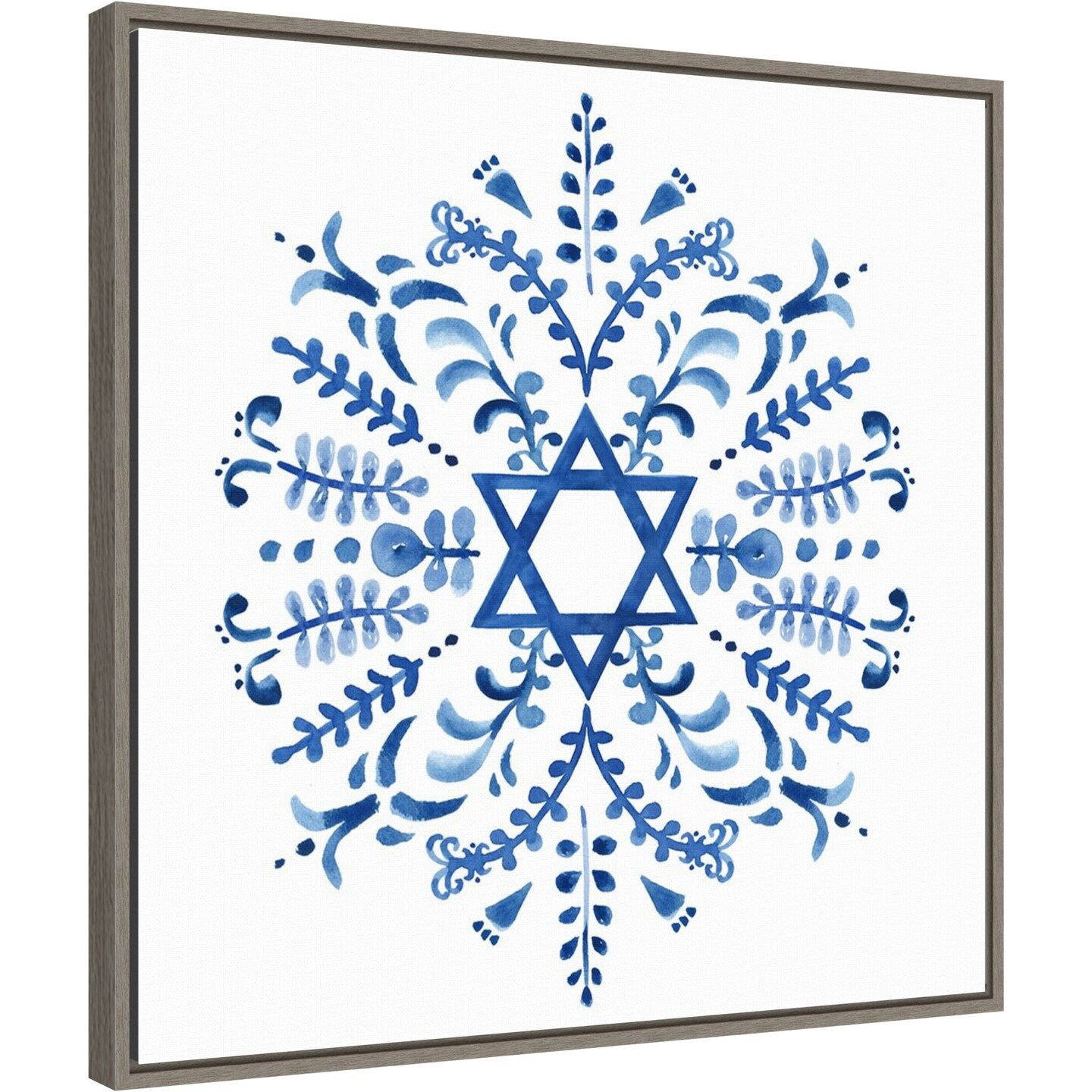Indigo Hanukkah IV by Victoria Borges 22-in. W x 22-in. H. Canvas Wall Art Print Framed in Grey