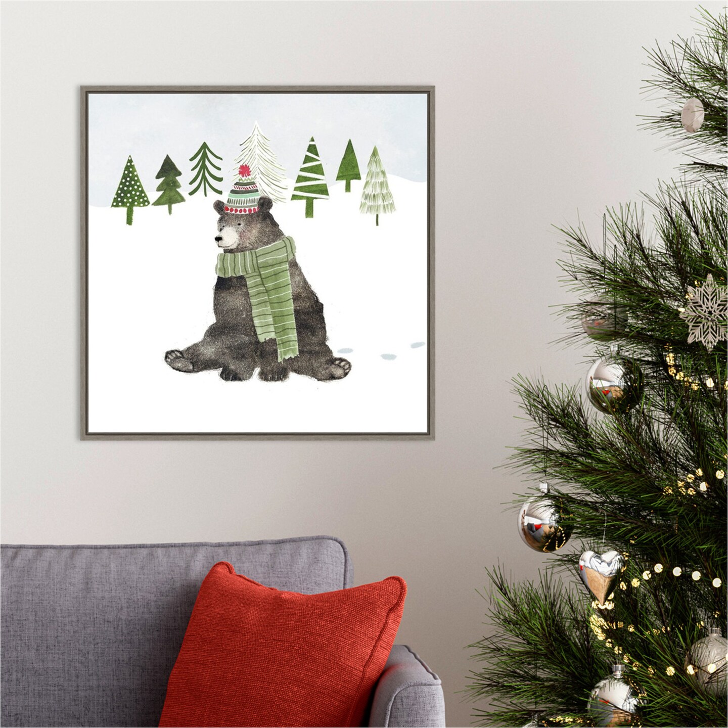 Woodland Christmas IV by Victoria Borges 22-in. W x 22-in. H. Canvas Wall Art Print Framed in Grey