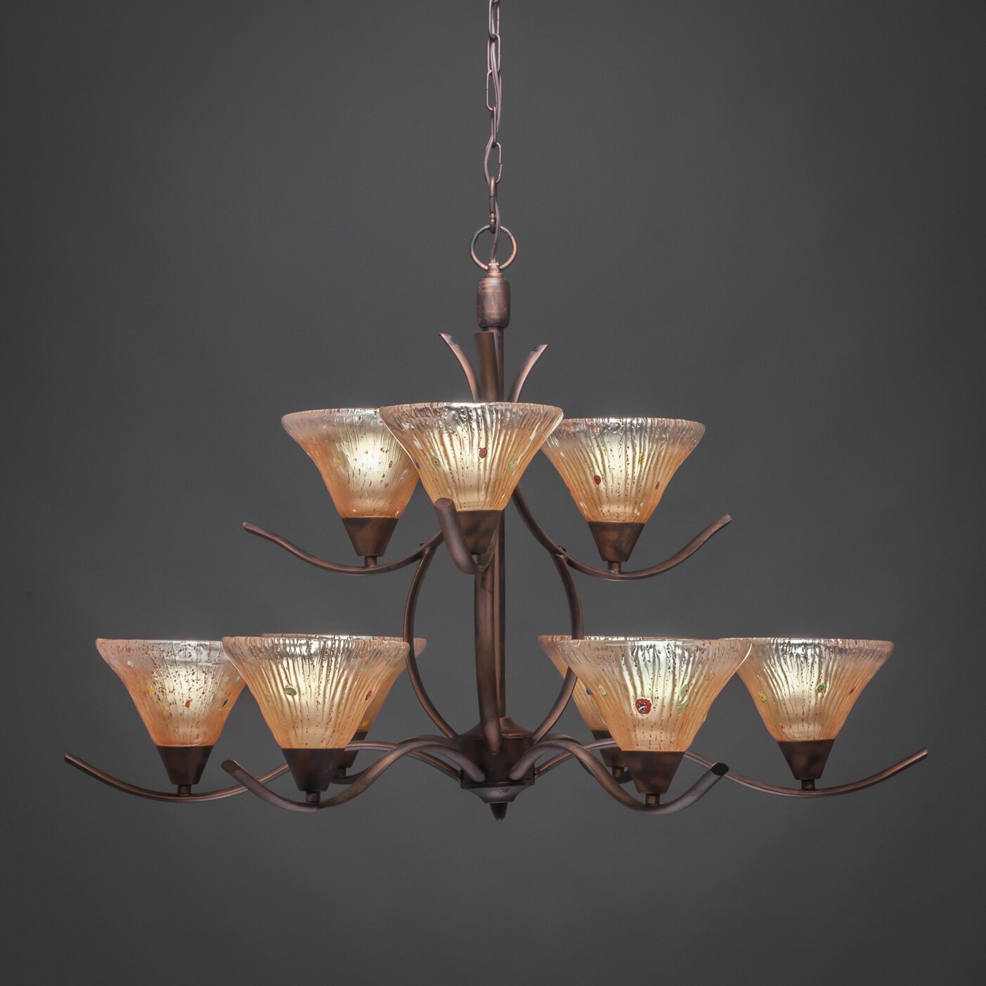 Swoop 9 Light Chandelier Shown In Bronze Finish With 7 Amber Crystal