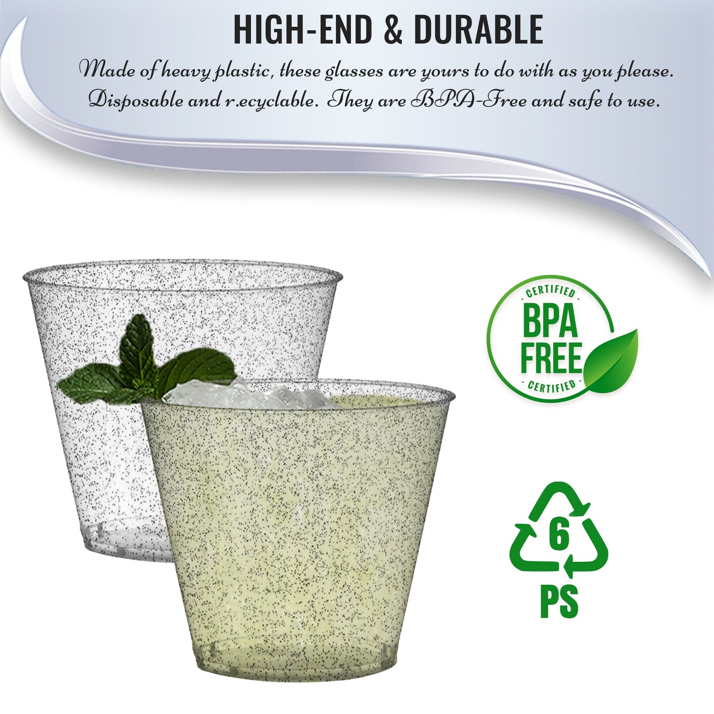 240 Cups, 12 oz. Clear with Silver Glitter Round Disposable Plastic Tumblers