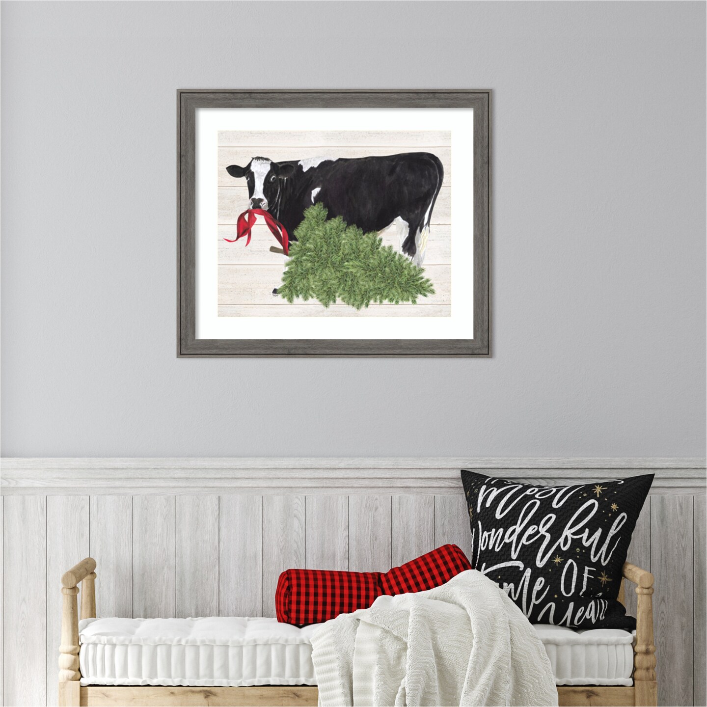 Christmas on the Farm II-Cow with Tree by Tara Reed Wood Framed Wall Art Print 27 in. W x 23 in. H