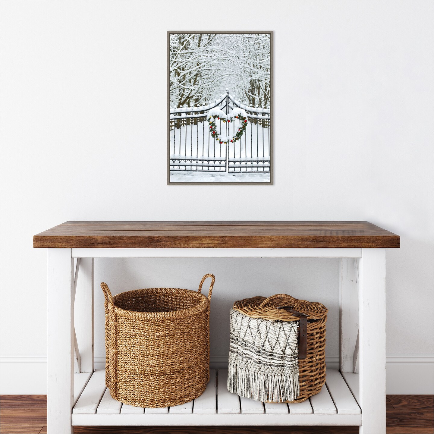 Christmas Wreath and Snow Covered Gate by Darrell Gulin Danita Delimont 16-in. W x 23-in. H. Canvas Wall Art Print Framed in Grey