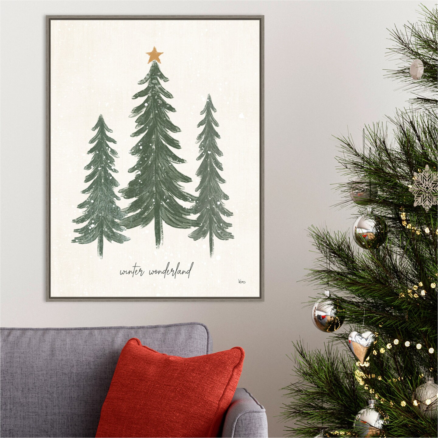 Woodland Christmas Trees by Veronique Charron 23-in. W x 30-in. H. Canvas Wall Art Print Framed in Grey
