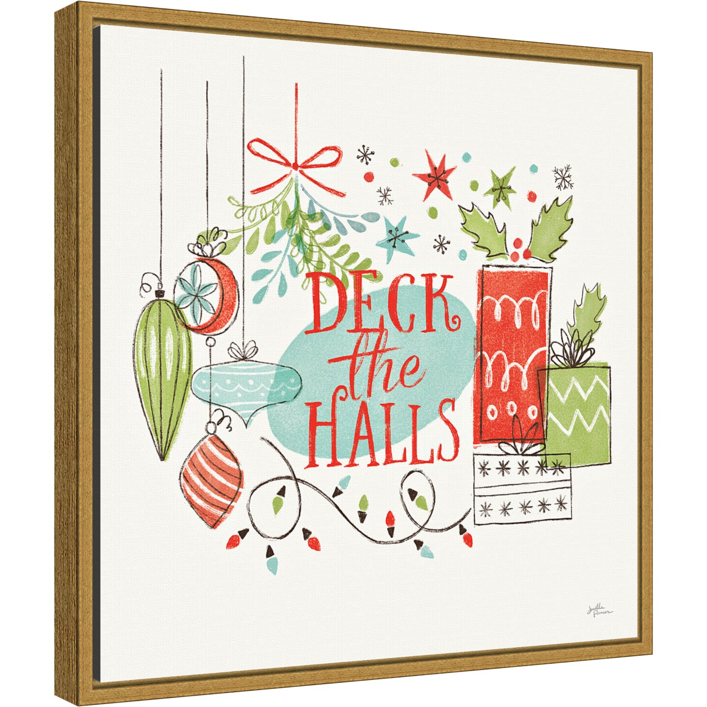 Deck the Halls Christmas Holly by Janelle Penner 16-in. W x 16-in. H. Canvas Wall Art Print Framed in Gold