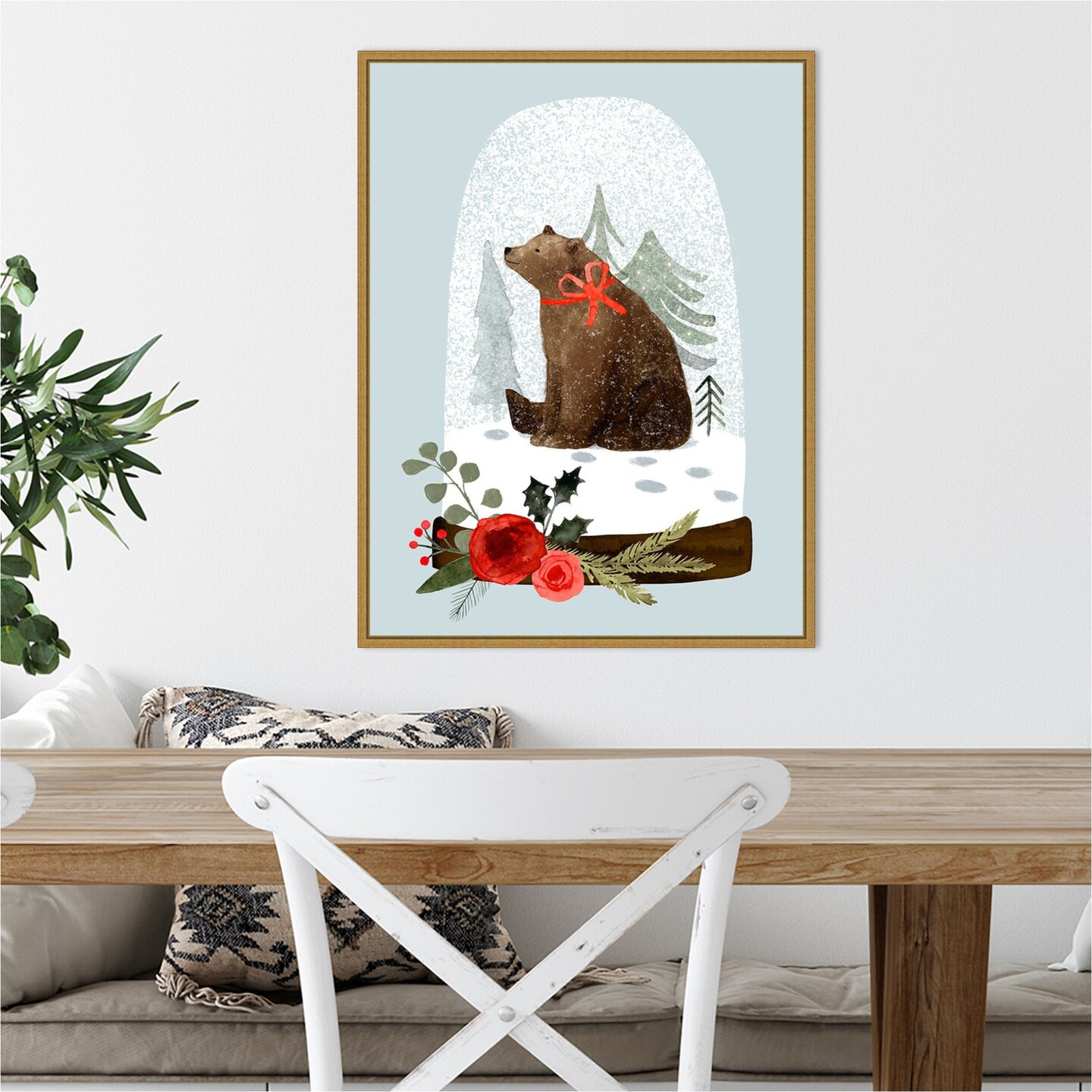 Snow Globe Village IV Bear by Victoria Barnes 18-in. W x 24-in. H. Canvas Wall Art Print Framed in Gold