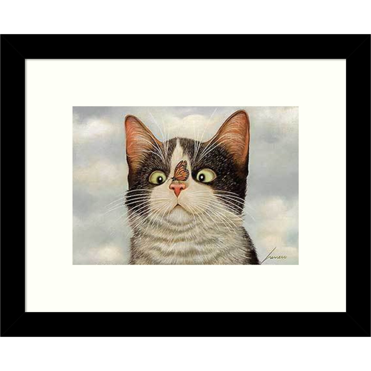Hugo Hege Cat and Butterfly by Lowell Herrero Wood Framed Wall Art Print 11 in. W x 9 in. H