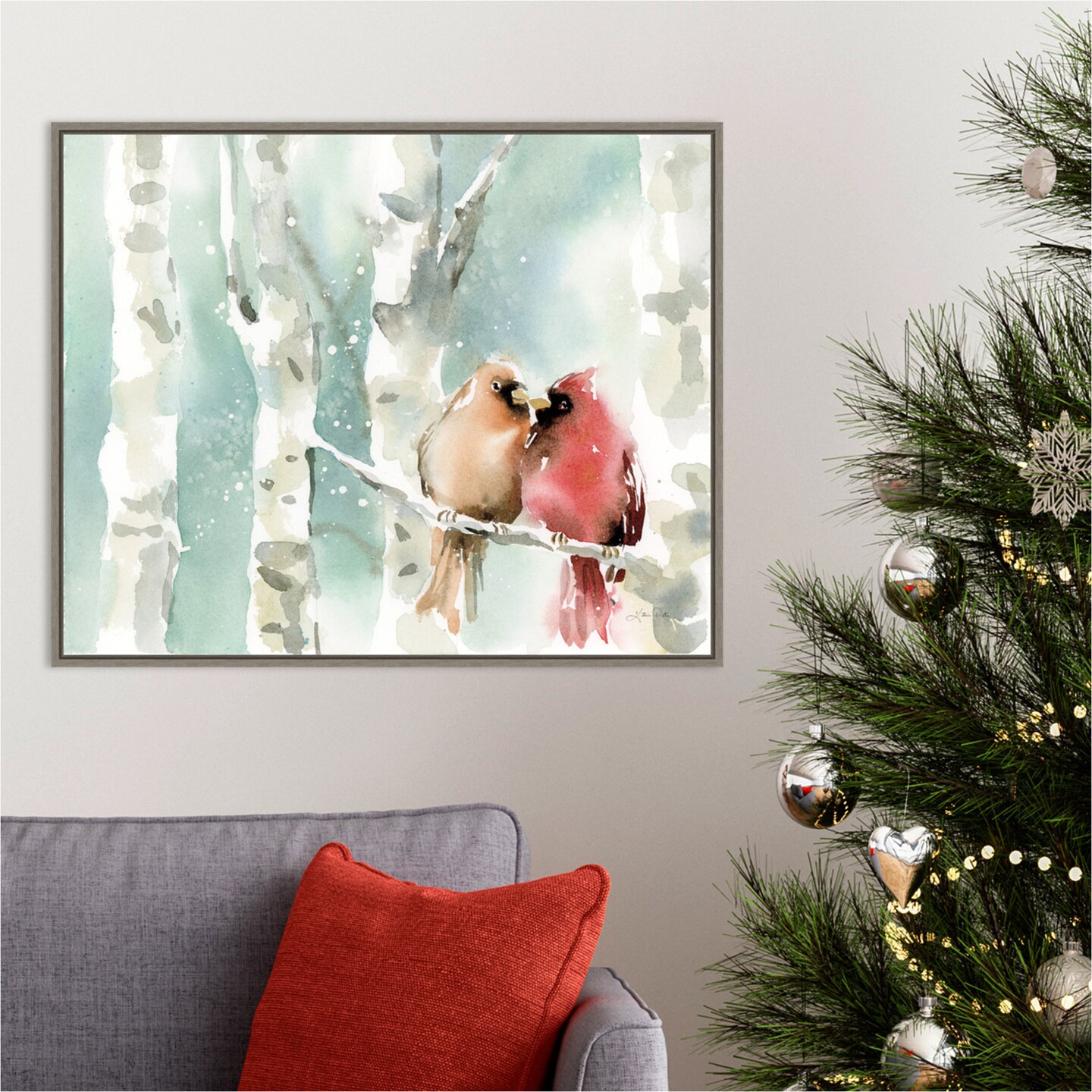 Christmas Cardinals by Katrina Pete 28-in. W x 23-in. H. Canvas Wall Art Print Framed in Grey