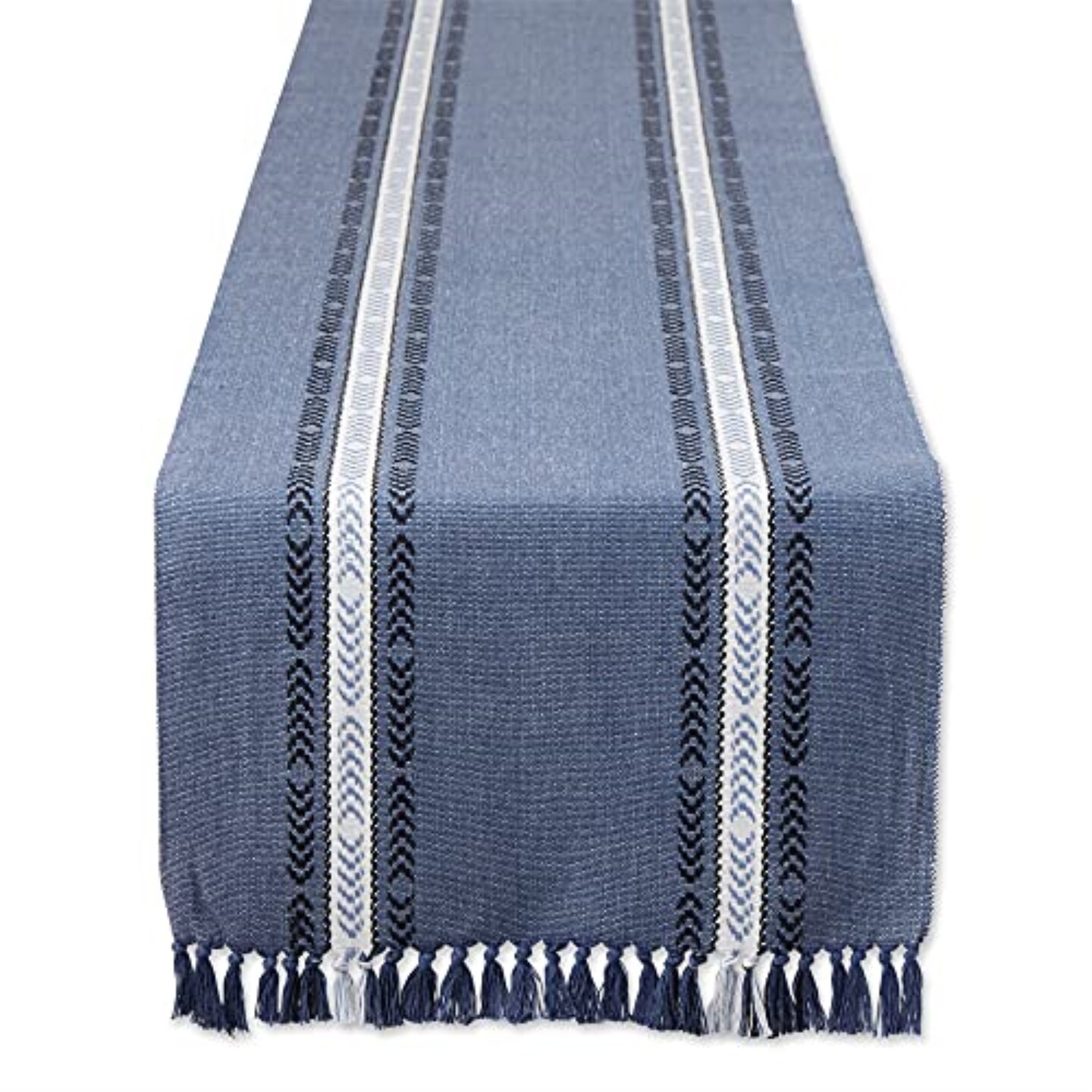 DII French Blue Dobby Striped Fringe Ribbed Table Runner 14x72