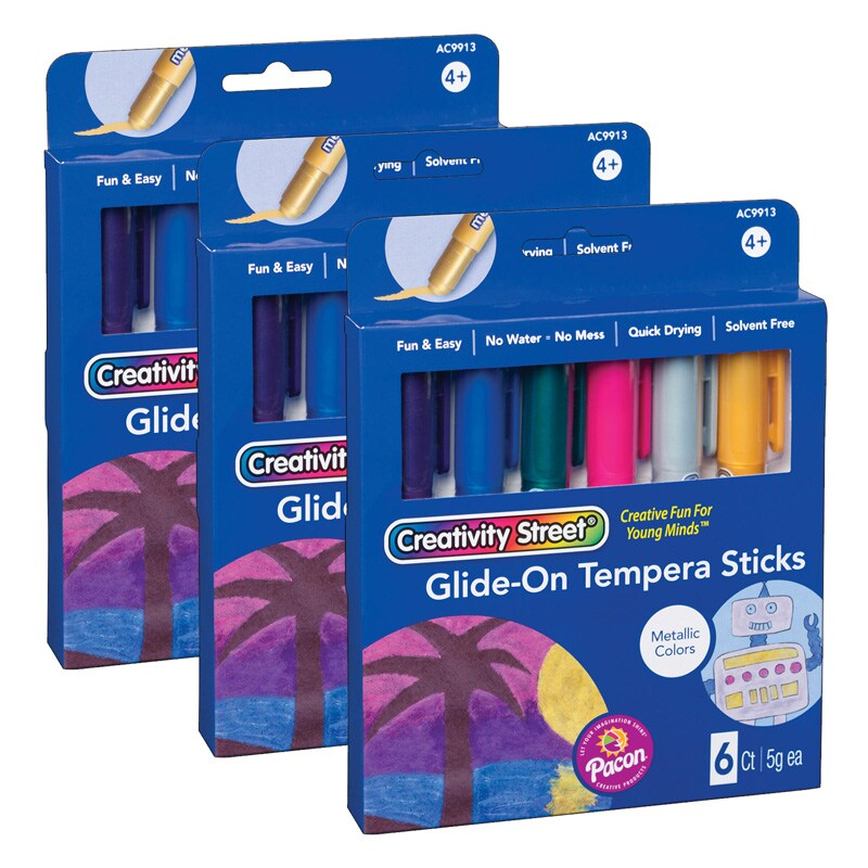 GlideOn Tempera Paint Sticks, Metallic Colors, 5 grams, 6 Per Pack, 3
