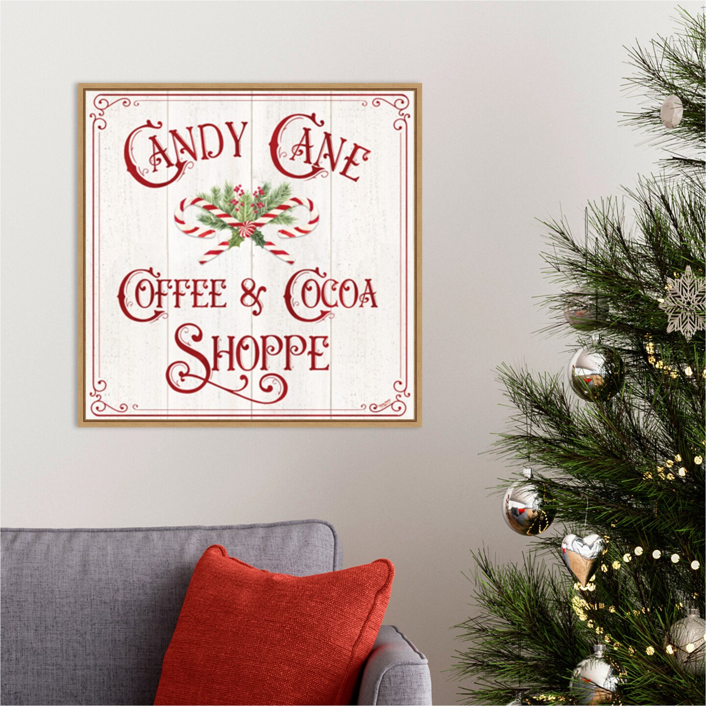 Vintage Christmas Signs I-Candy Cane Coffee by Tara Reed 22-in. W x 22-in. H. Canvas Wall Art Print Framed in Natural