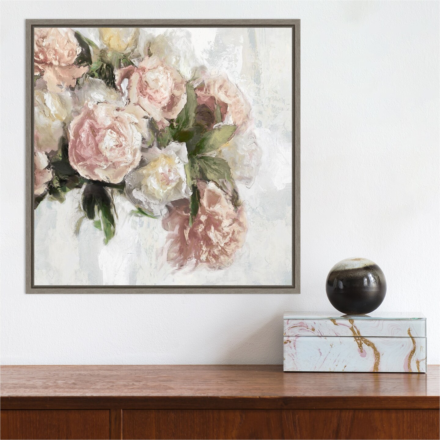 Floral Pastel Peony II by Emily Ford 16-in. W x 16-in. H. Canvas Wall Art Print Framed in Grey