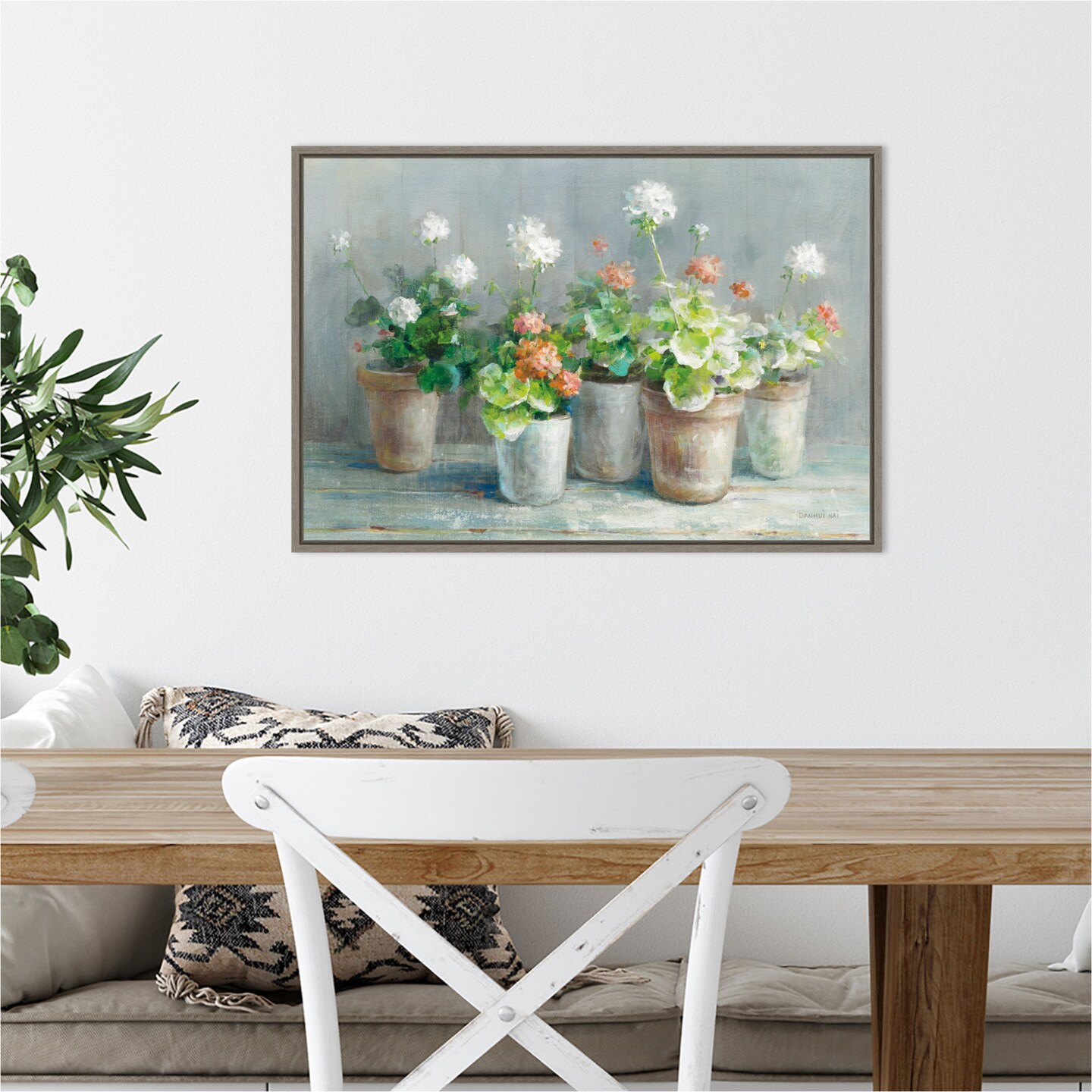 Farmhouse Geraniums in Vases by Danhui Nai 23-in. W x 16-in. H. Canvas Wall Art Print Framed in Grey