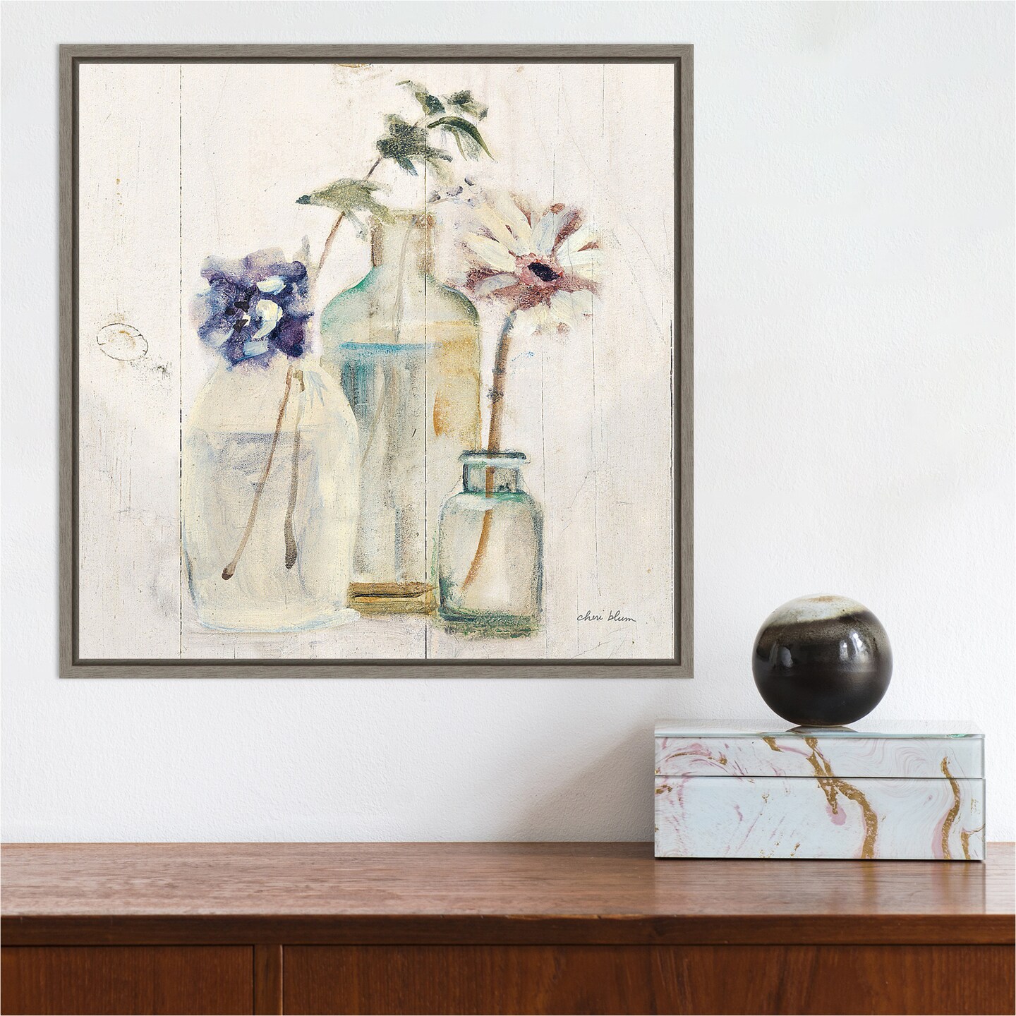 Blossoms on Birch III by Cheri Blum 16-in. W x 16-in. H. Canvas Wall Art Print Framed in Grey