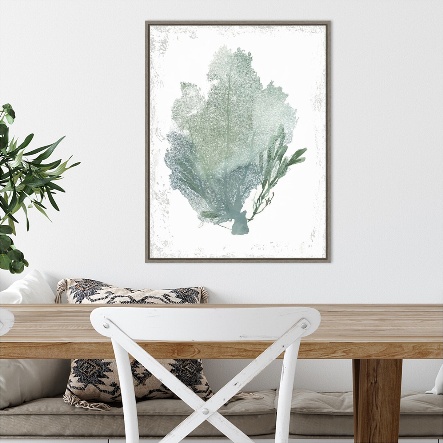 Teal Delicate Coral I by Aimee Wilson 18-in. W x 24-in. H. Canvas Wall Art Print Framed in Grey