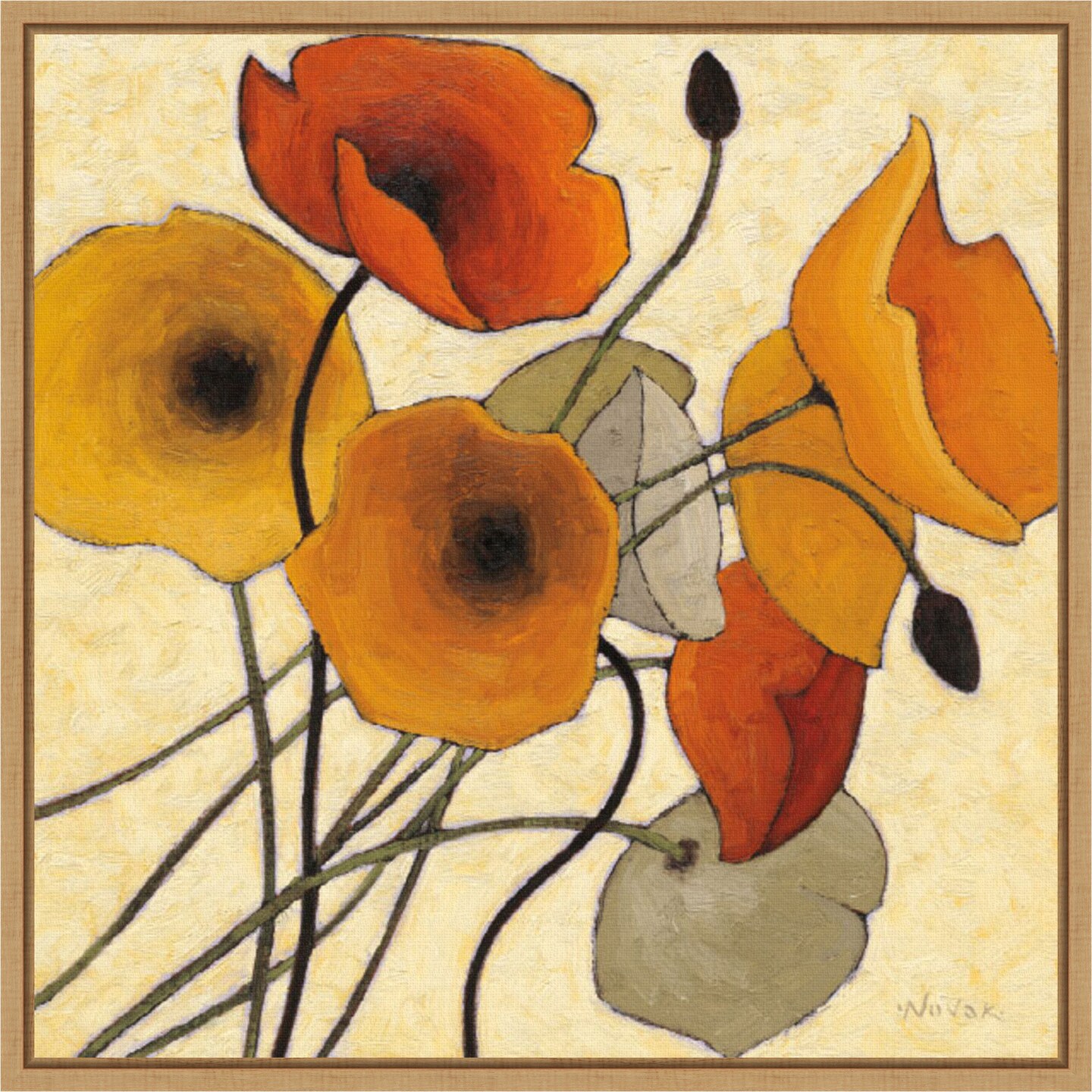 Pumpkin Poppies II by Shirley Novak 16-in. W x 16-in. H. Canvas Wall Art Print Framed in Natural