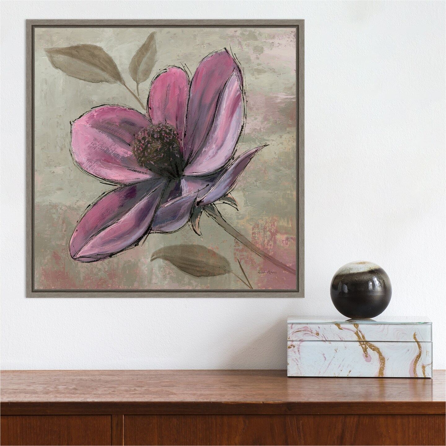 Plum Floral III by Emily Adams 16-in. W x 16-in. H. Canvas Wall Art Print Framed in Grey