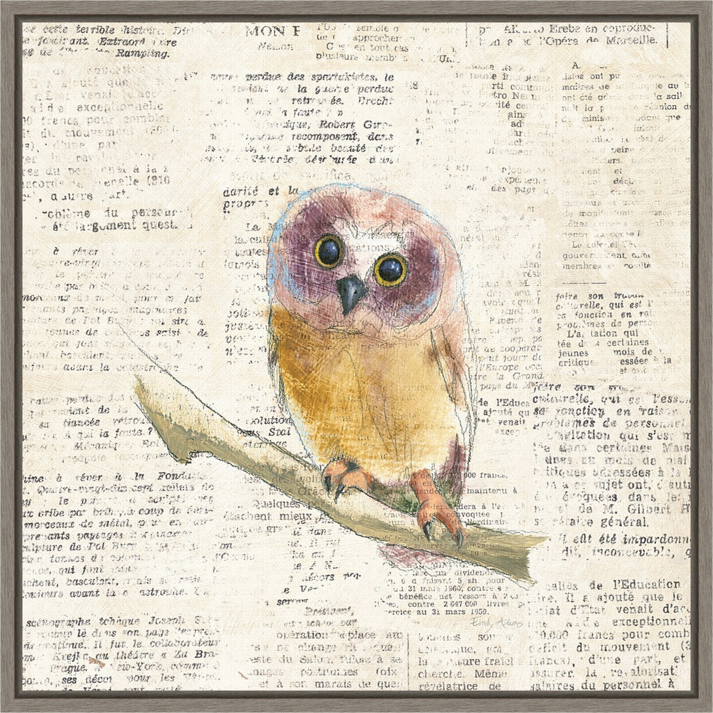 Into the Woods II no Border (Owl) by Emily Adams 16-in. W x 16-in. H. Canvas Wall Art Print Framed in Grey