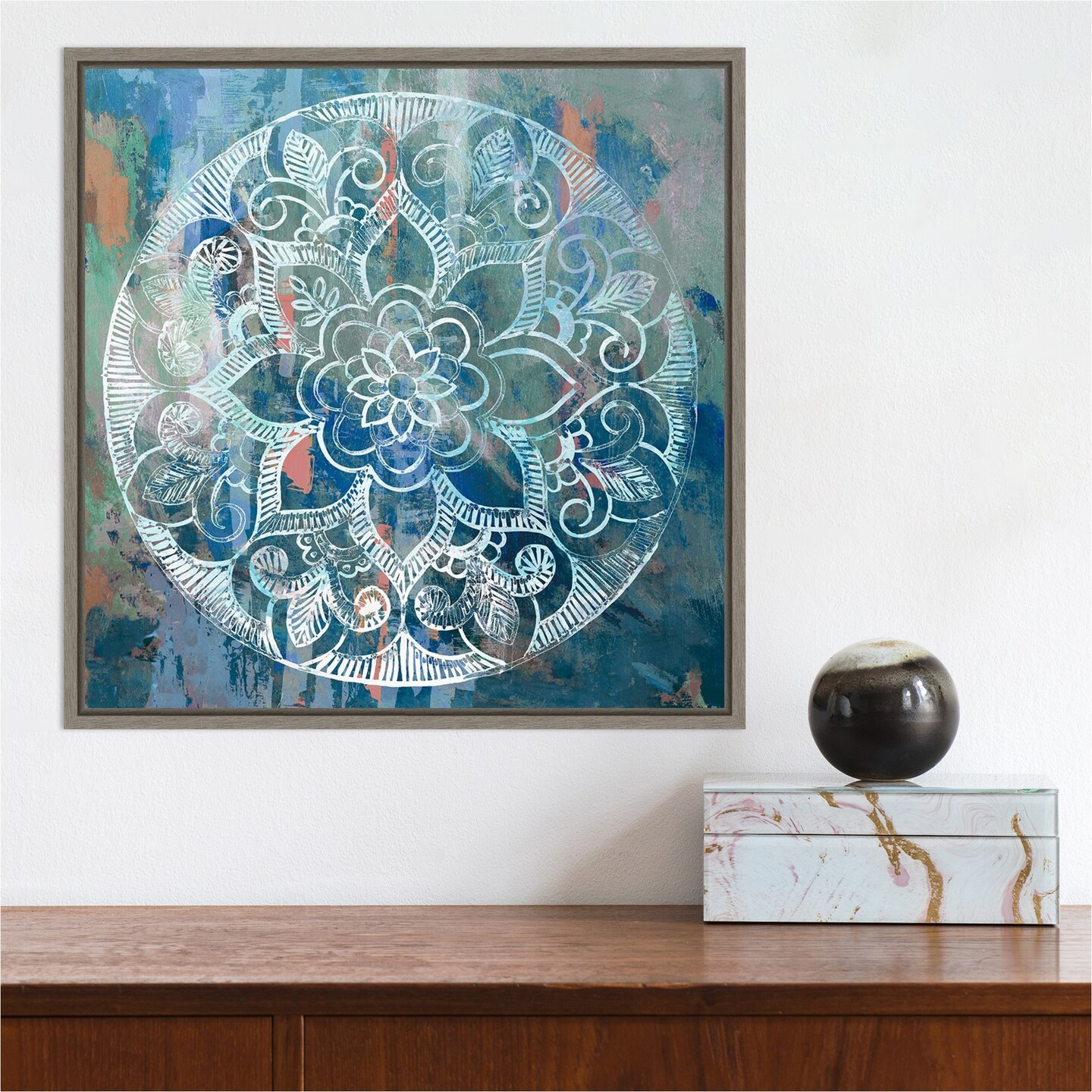 Indigo Medallion by Aimee Wilson 16-in. W x 16-in. H. Canvas Wall Art Print Framed in Grey