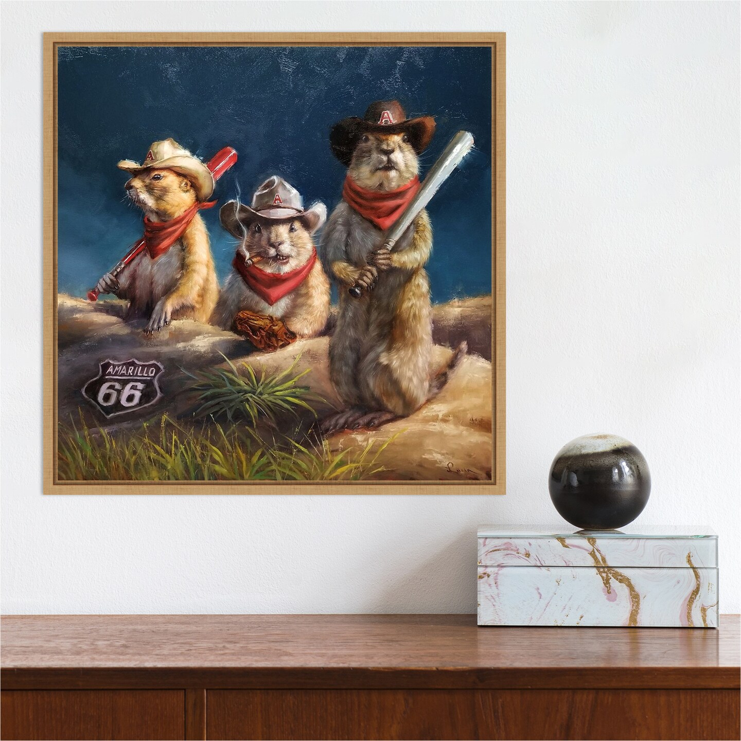 Amarillo Sod Poodles (Prairie dogs) by Lucia Heffernan 16-in. W x 16-in. H. Canvas Wall Art Print Framed in Natural