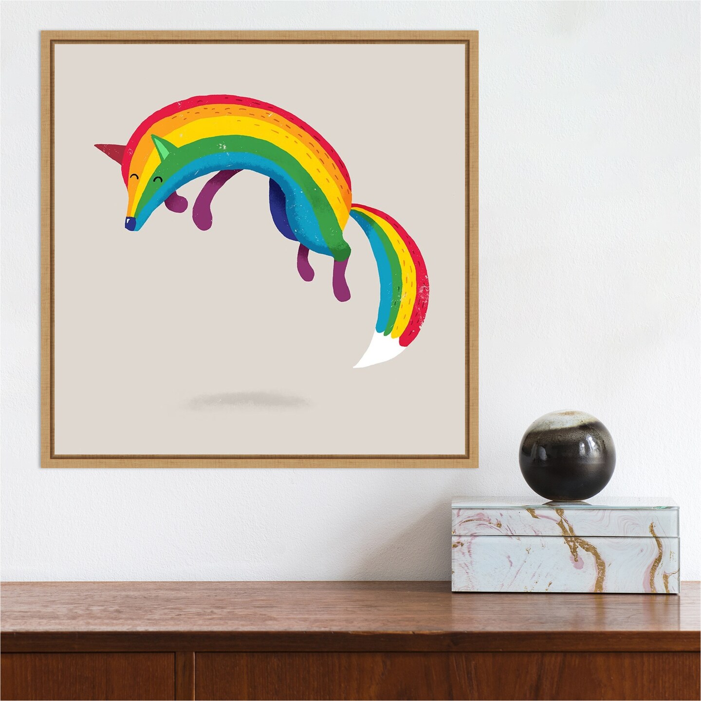 Rainbow Fox by Michael Buxton 16-in. W x 16-in. H. Canvas Wall Art Print Framed in Natural