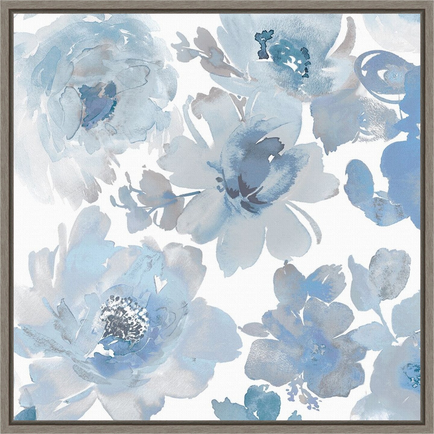 Springtime Blue and Silver Flowers by Kelsey Morris 16-in. W x 16-in. H. Canvas Wall Art Print Framed in Grey