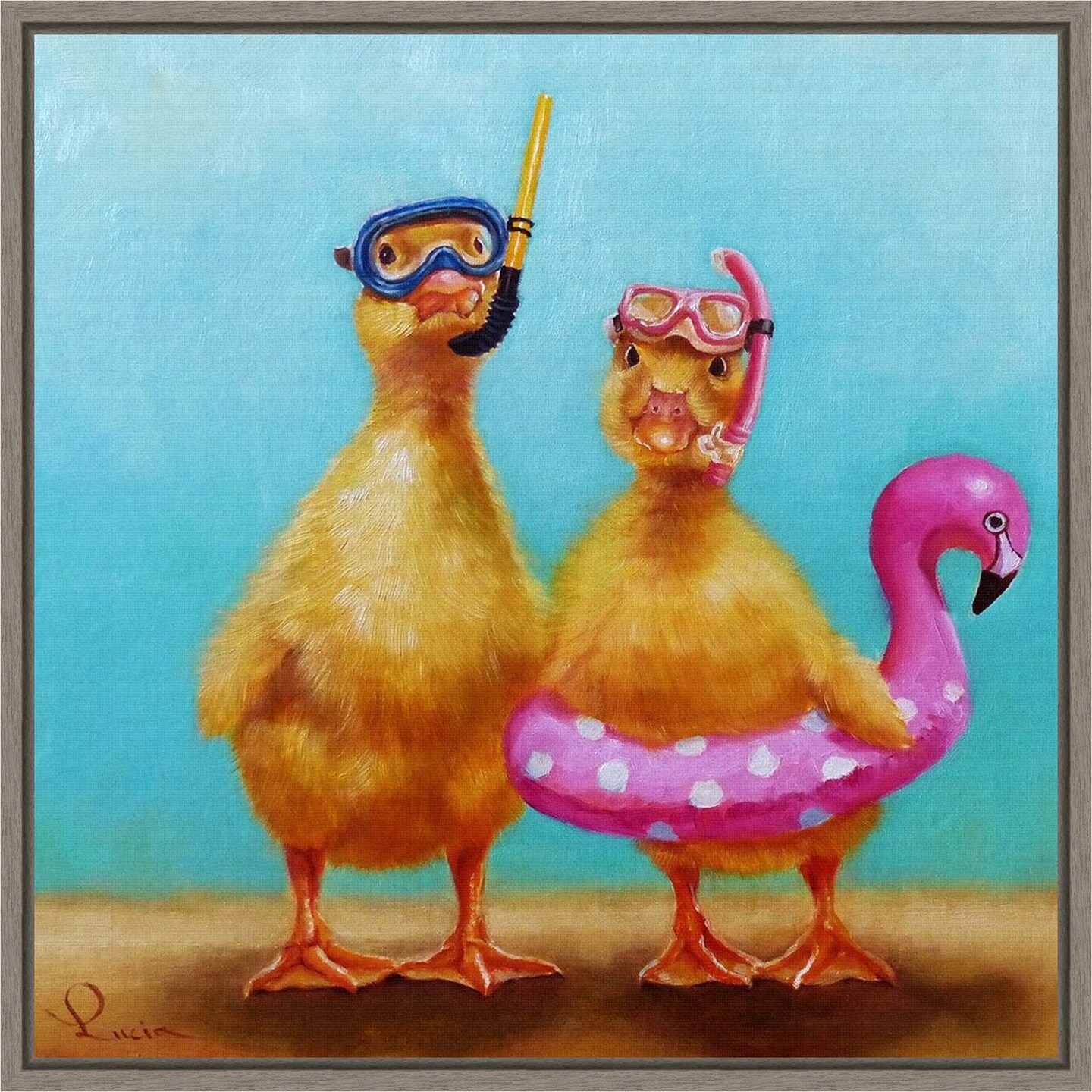 Pool Party (Ducks) by Lucia Heffernan 16-in. W x 16-in. H. Canvas Wall Art Print Framed in Grey