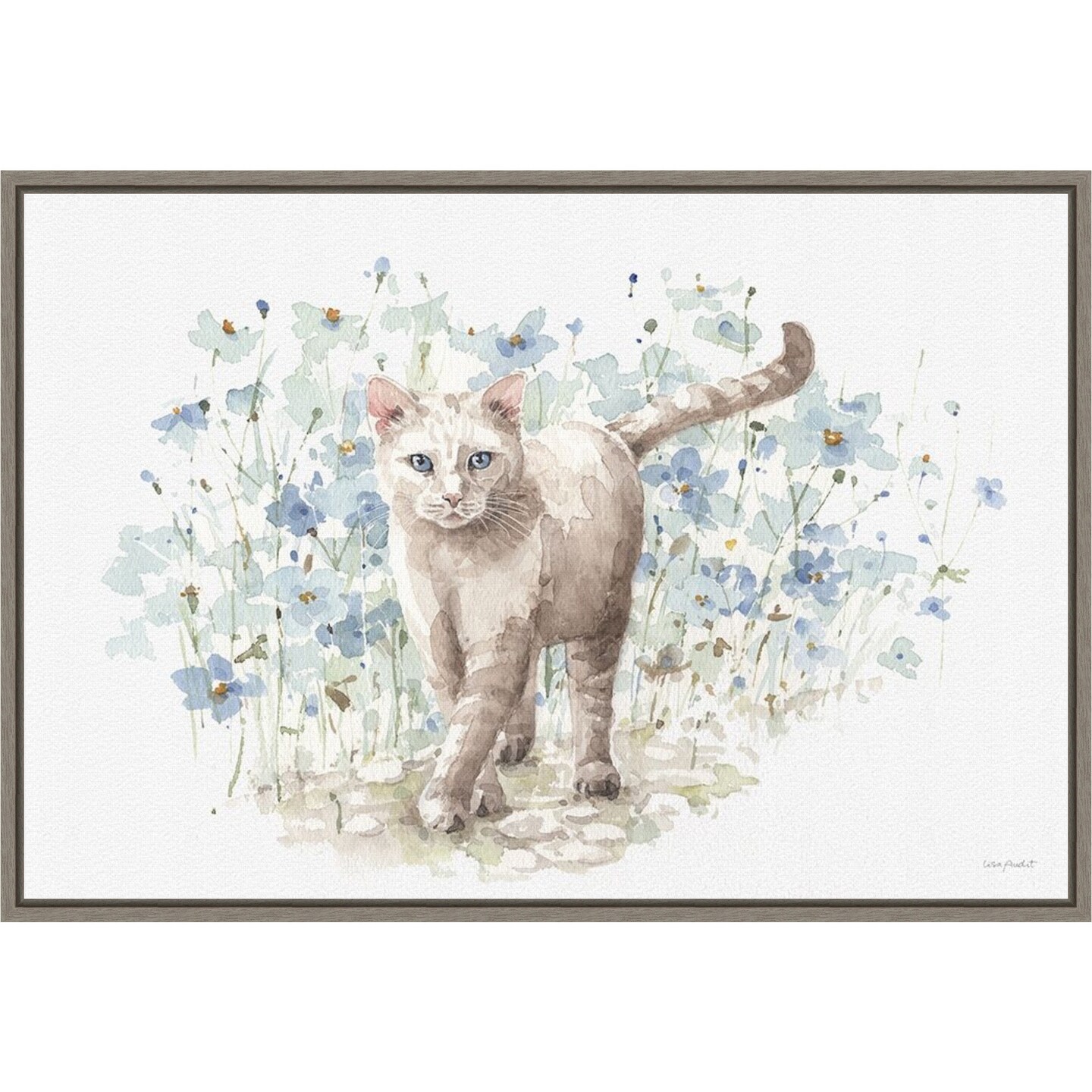 Bohemian Blue Cat II by Lisa Audit 23-in. W x 16-in. H. Canvas Wall Art Print Framed in Grey