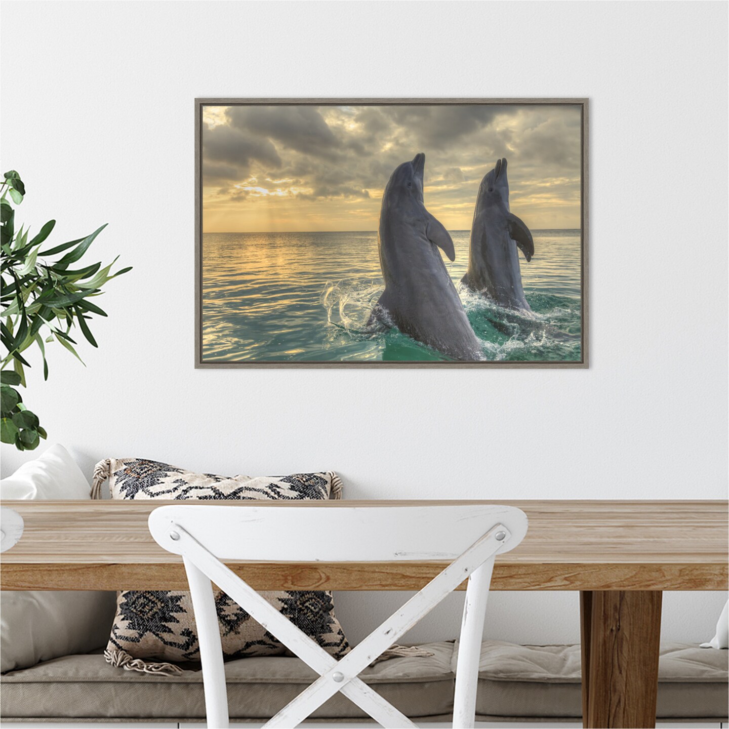 Dolphin Dance by Stuart Westmorland Danita Delimont 23-in. W x 16-in. H. Canvas Wall Art Print Framed in Grey