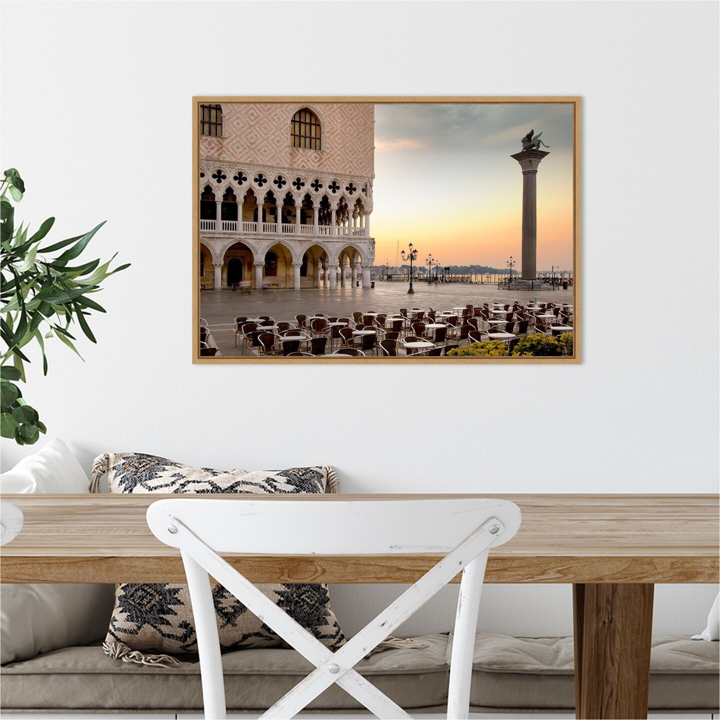 Piazza San Marco Sunrise Italy by Alan Blaustein 23-in. W x 16-in. H. Canvas Wall Art Print Framed in Natural