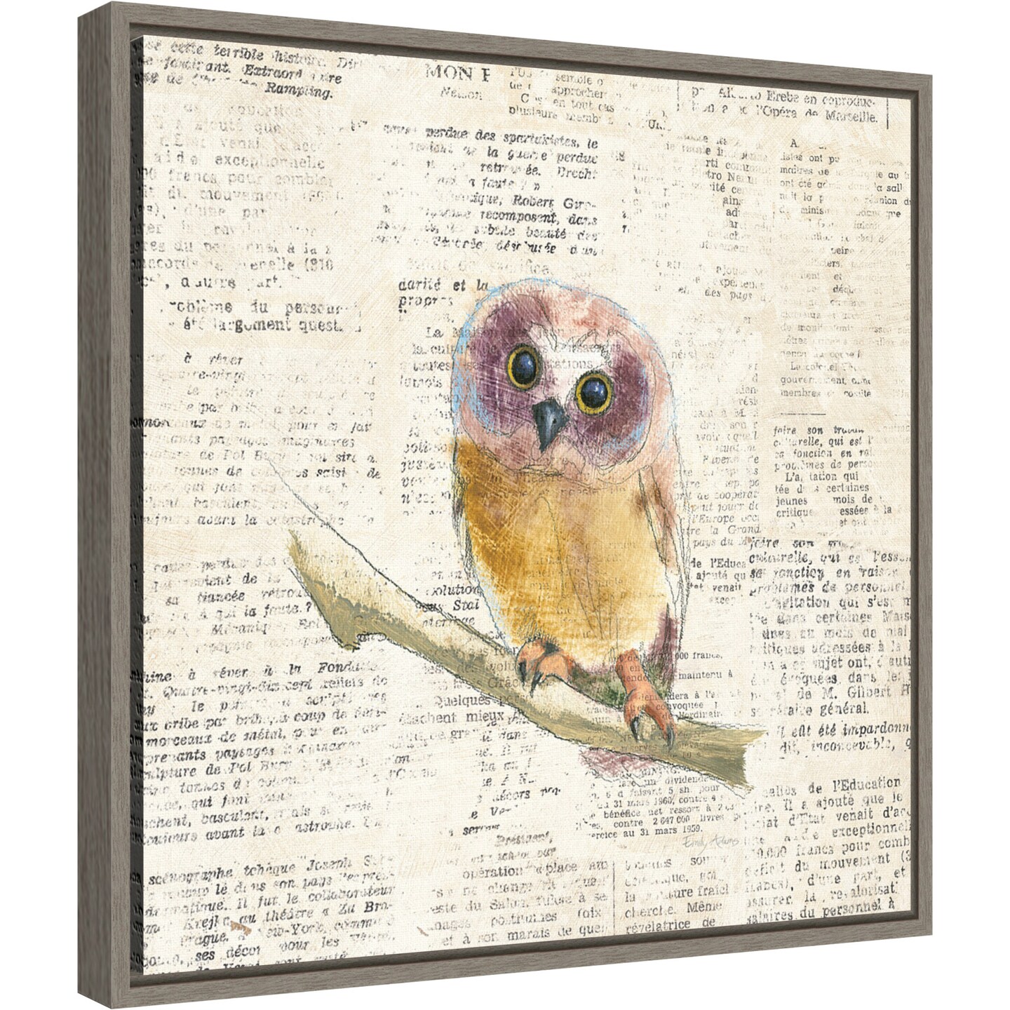 Into the Woods II no Border (Owl) by Emily Adams 16-in. W x 16-in. H. Canvas Wall Art Print Framed in Grey