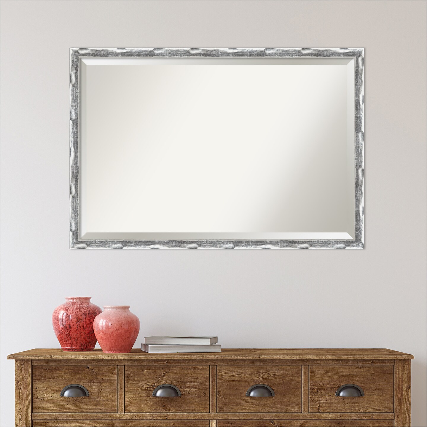 Beveled Bathroom Wall Mirror, Scratched Wave Chrome Frame